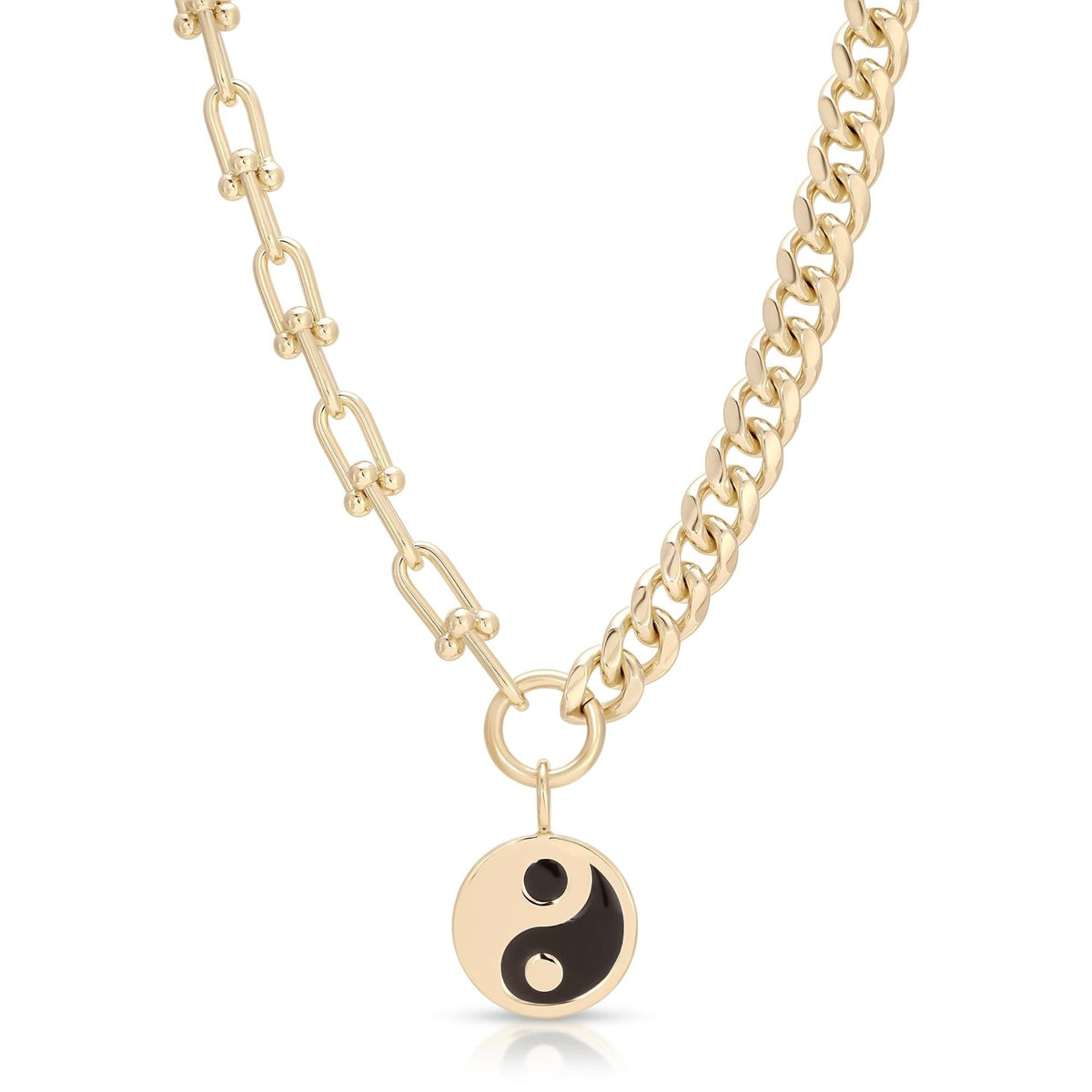 Gold chain necklace with large enamel Yin Yang pendant, stylish and eye-catching accessory