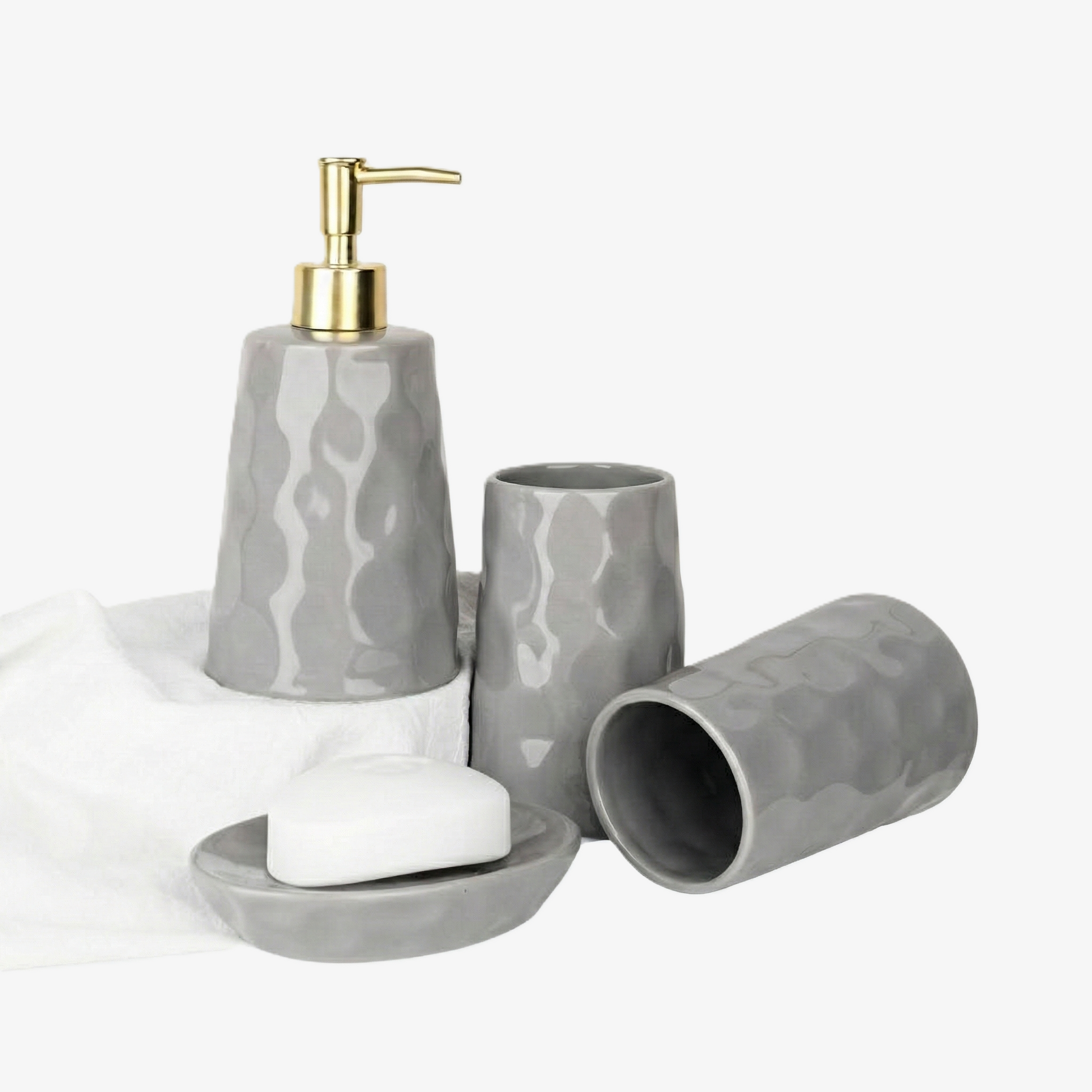BosilunLife Bring Nature Inside coordinated liquid bathroom accessory set in earthy, organic-shaped recycled eco-clay. The collection features a smooth, non-porous ceramic liquid soap dispenser, toothbrush holder, and soap dish, styled to bring a calming, biophilic aesthetic to modern vanity spaces.