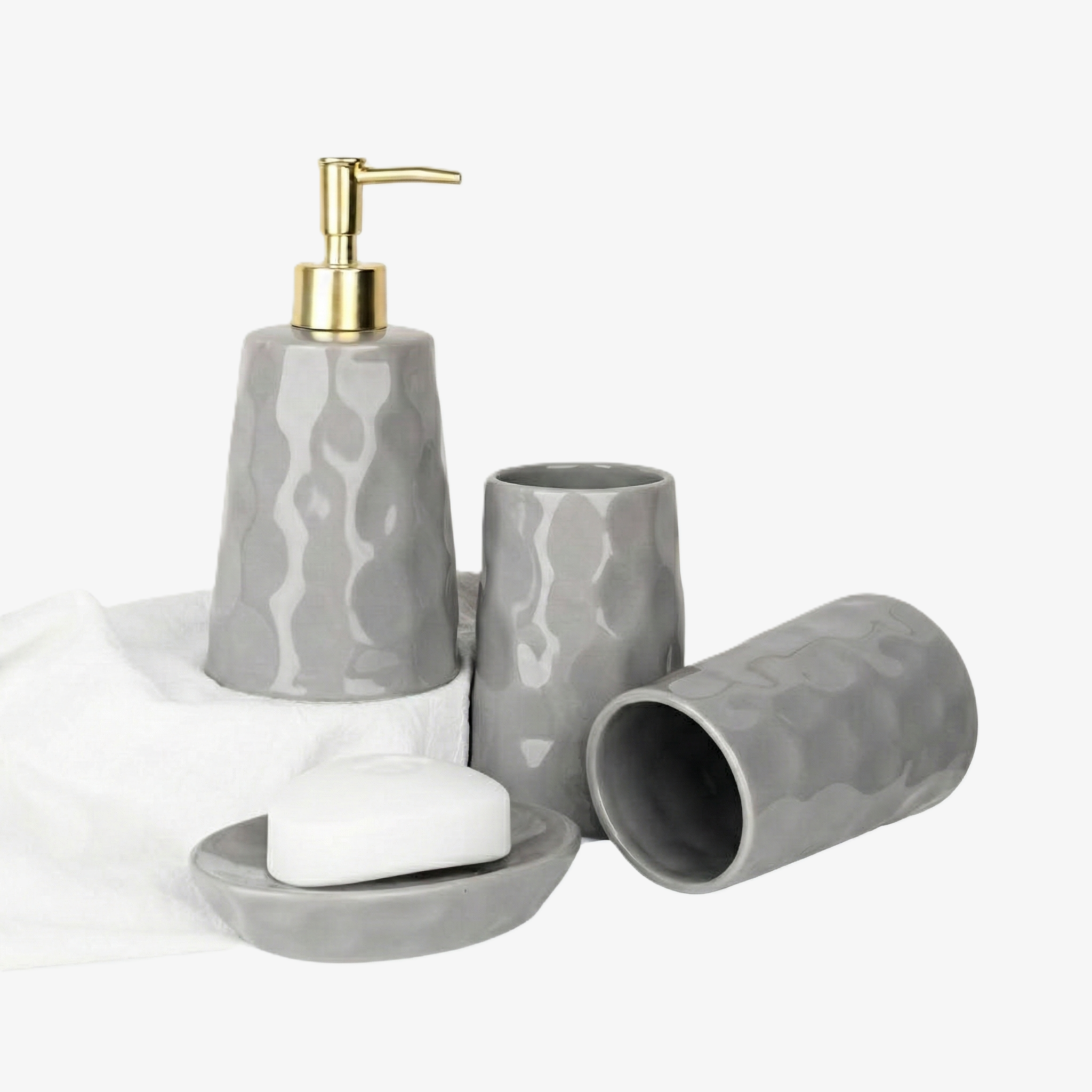 BosilunLife Bring Nature Inside coordinated liquid bathroom accessory set in earthy, organic-shaped recycled eco-clay. The collection features a smooth, non-porous ceramic liquid soap dispenser, toothbrush holder, and soap dish, styled to bring a calming, biophilic aesthetic to modern vanity spaces.