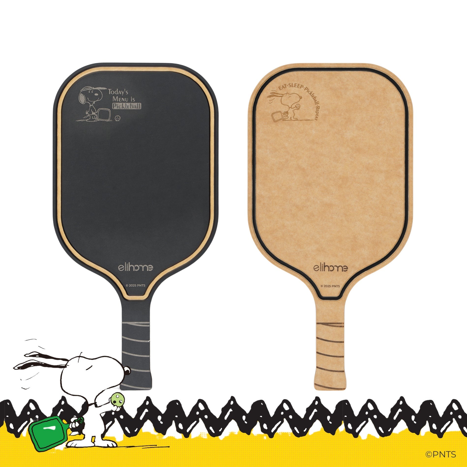 Two pickleball paddles with a 'elihome x Peanuts' pickleball charcuterie & cutting board in the background.