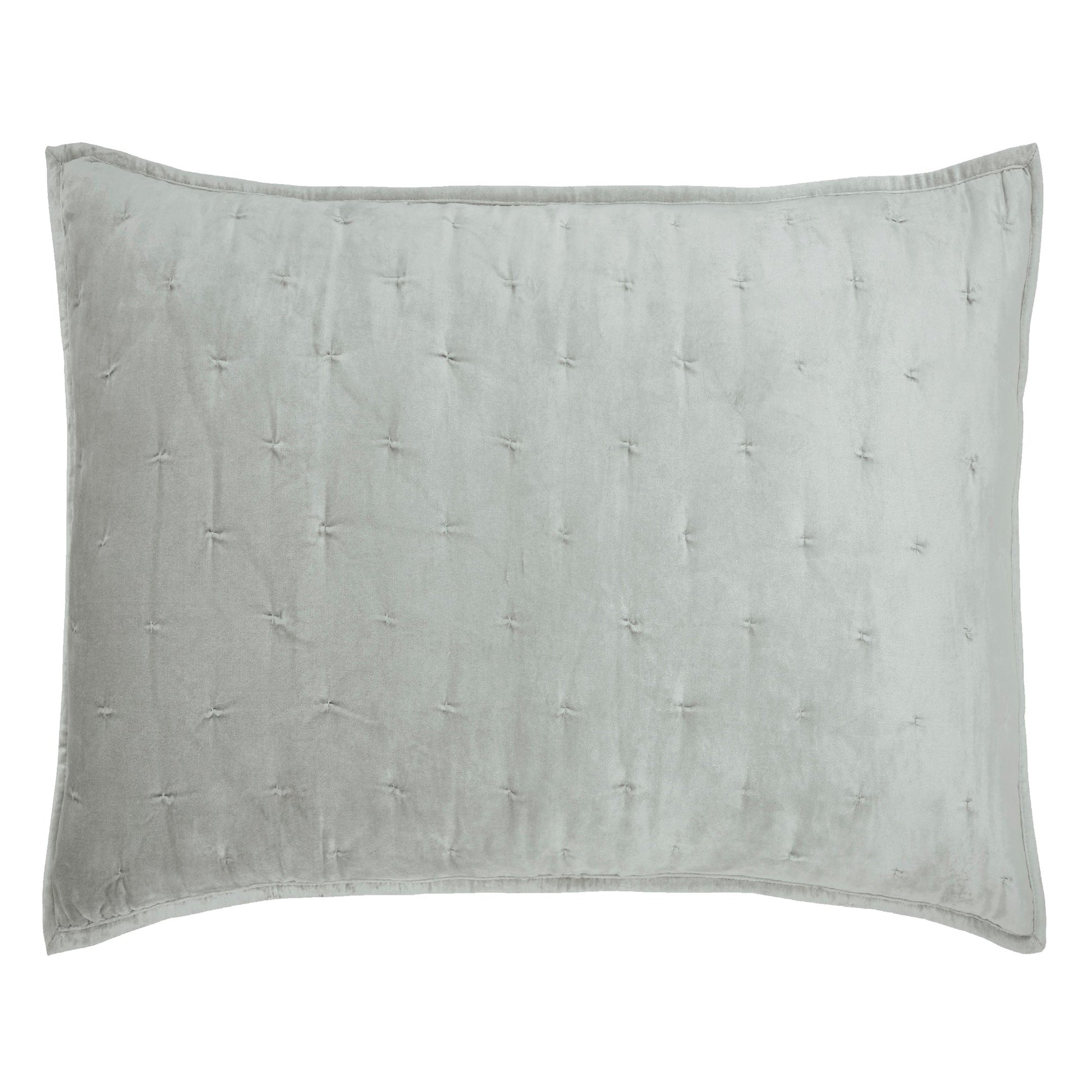 DE-371-3137_1|Pale grey velvet quilted pillow sham with subtle tufted cross-stitch pattern. Soft, elegant bedding for serene bedroom comfort.