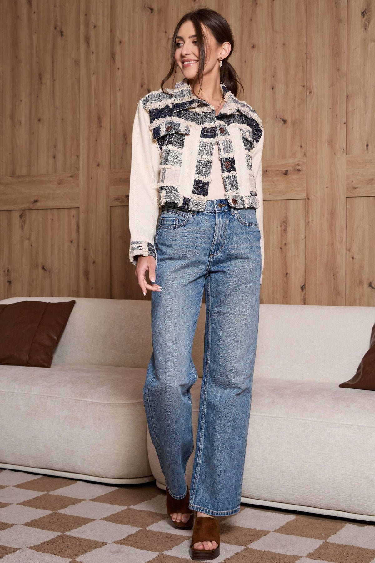 Patchwork Tweed Denim Jacket - IVORY