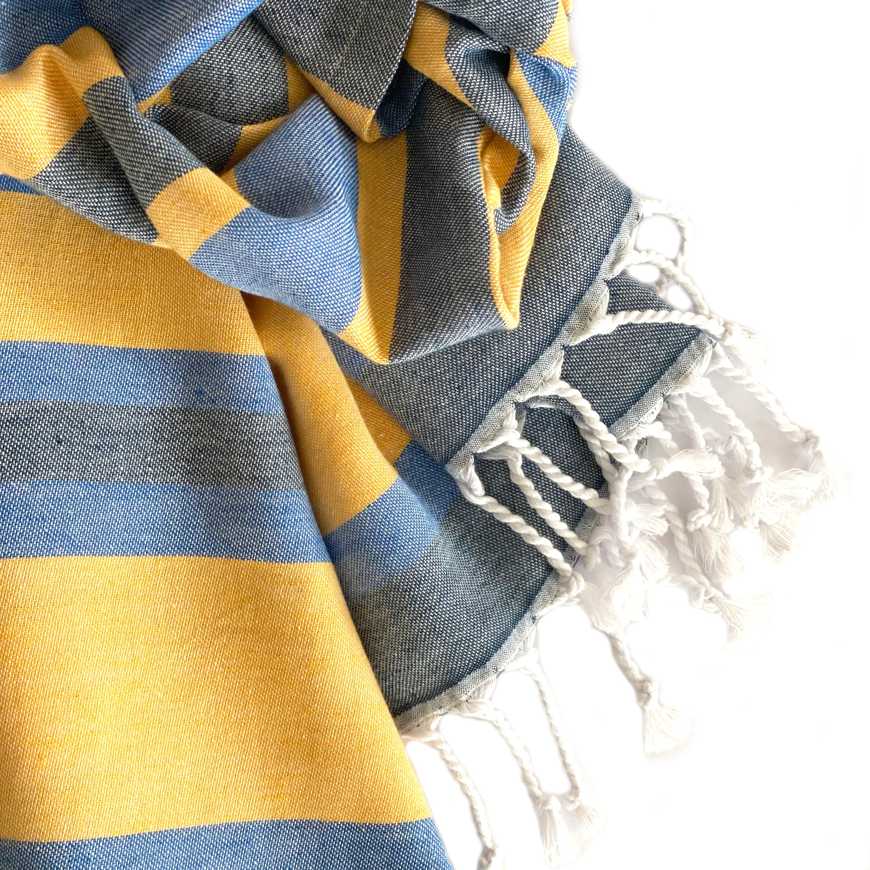 Samara Striped Blue & Yellow Turkish Towel - Thumbnail 2