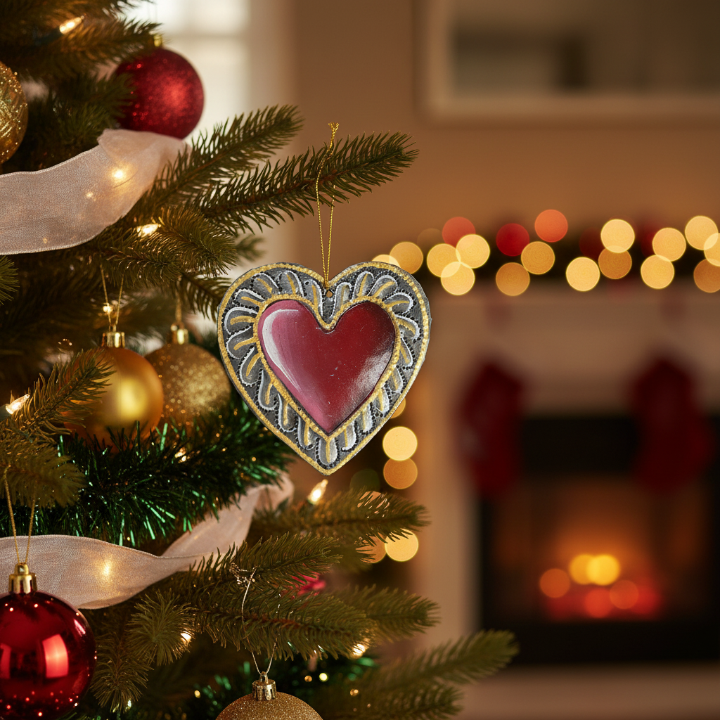 Red Painted Heart Ornament hanging on a decorated Christmas tree with warm holiday lights