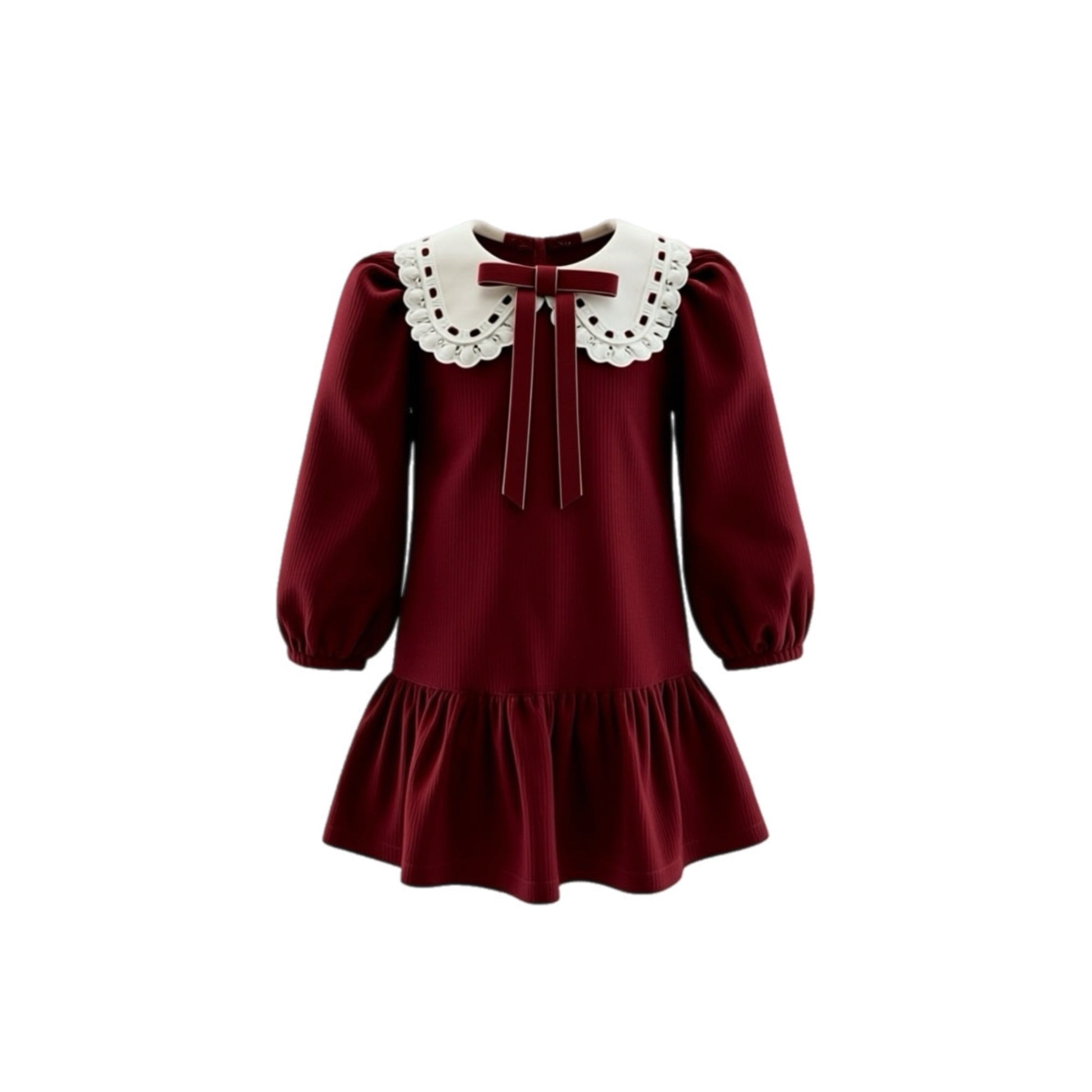 Maroon dress with white collar on a white background