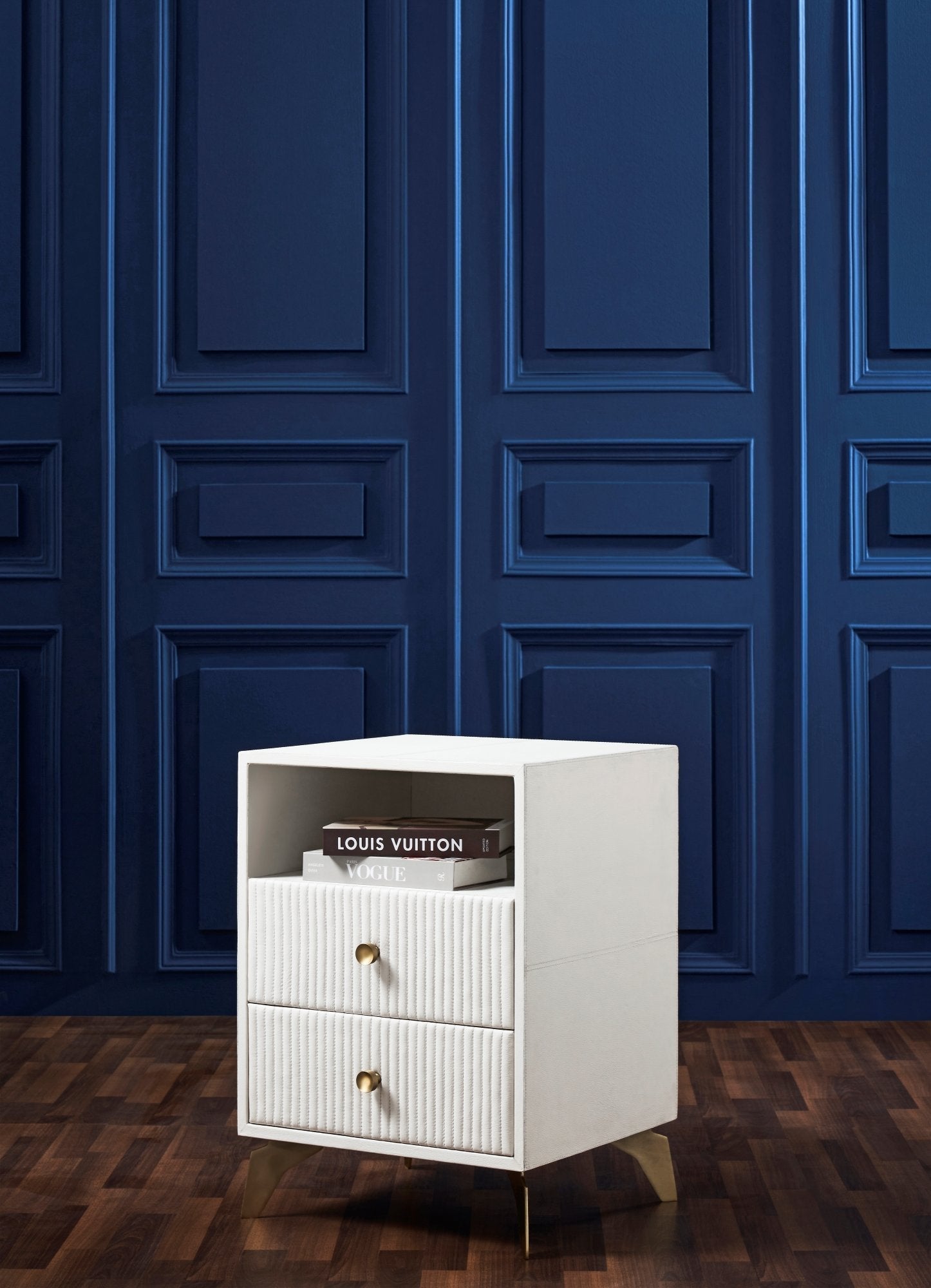 FN-5203-201828_4|Luxurious white leather nightstand featuring modern channel-tufted drawers and elegant gold-finished knob pulls. Ideal for bedroom.