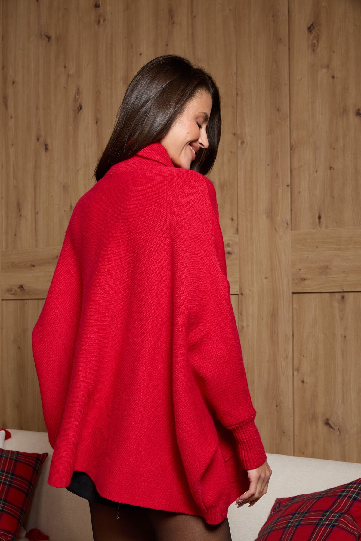 Open Front Oversized Cardigan Sweater - Red
