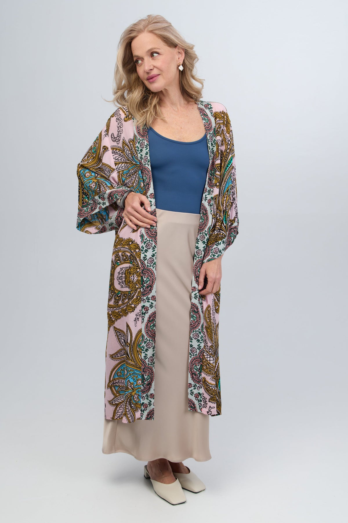 Multicolored Paisley Kimono Duster Long - Pink