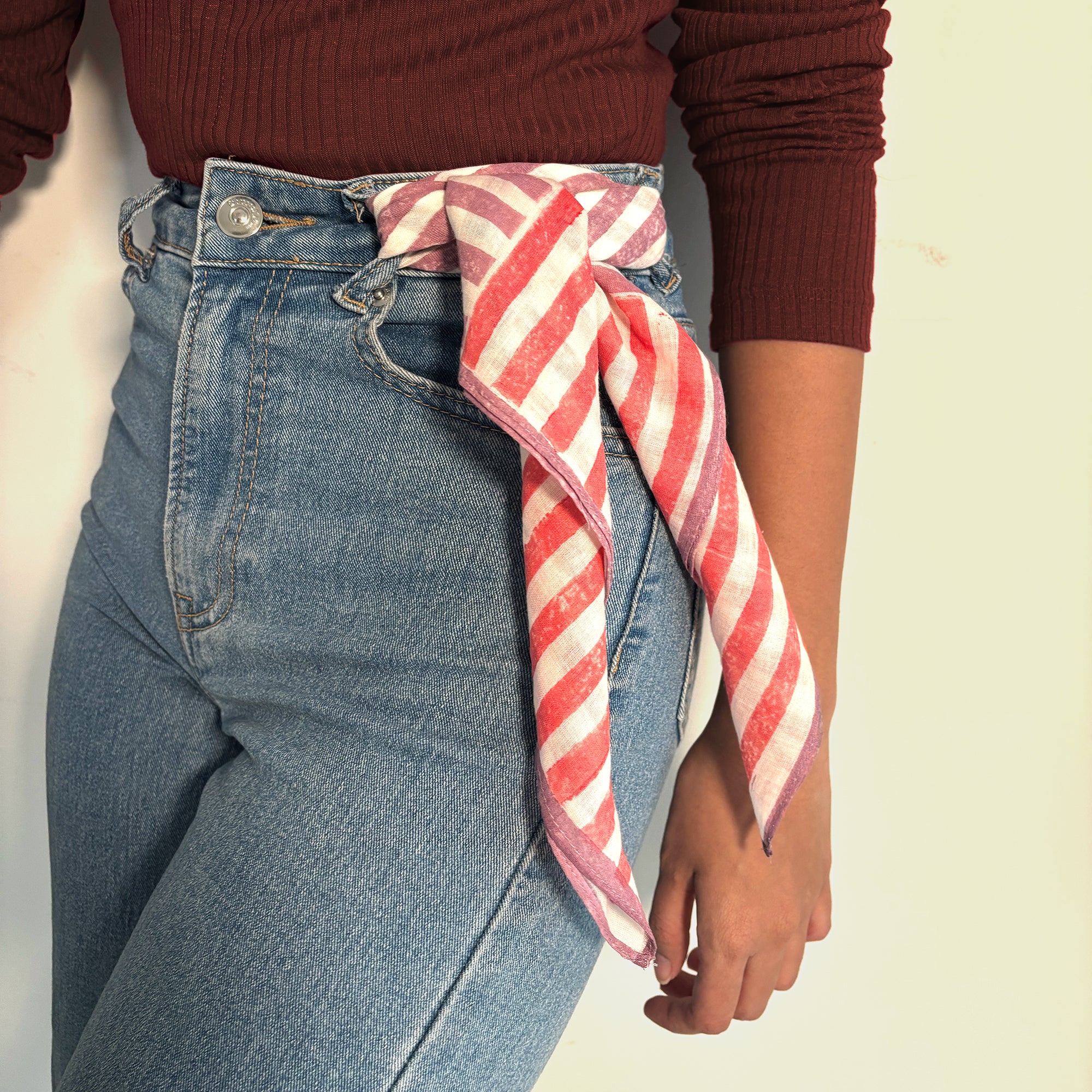 Handcrafted Cotton Square scarf | Bandana | Purple and Red Stripes