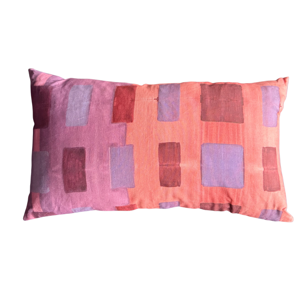 Pink Tapestry linen lumbar pillow 12x20 with bold abstract brushstroke pattern in pink salmon and lavender - Goldie Home