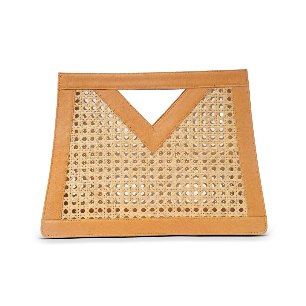 White Leather Trim and Rattan Cane Open Weave Top Handle Tote Handbag
