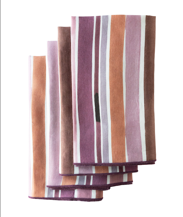 Lisbon Stripe linen dinner napkin set of 4 hand-painted in pink plum maroon brown and rust tones - Goldie Home