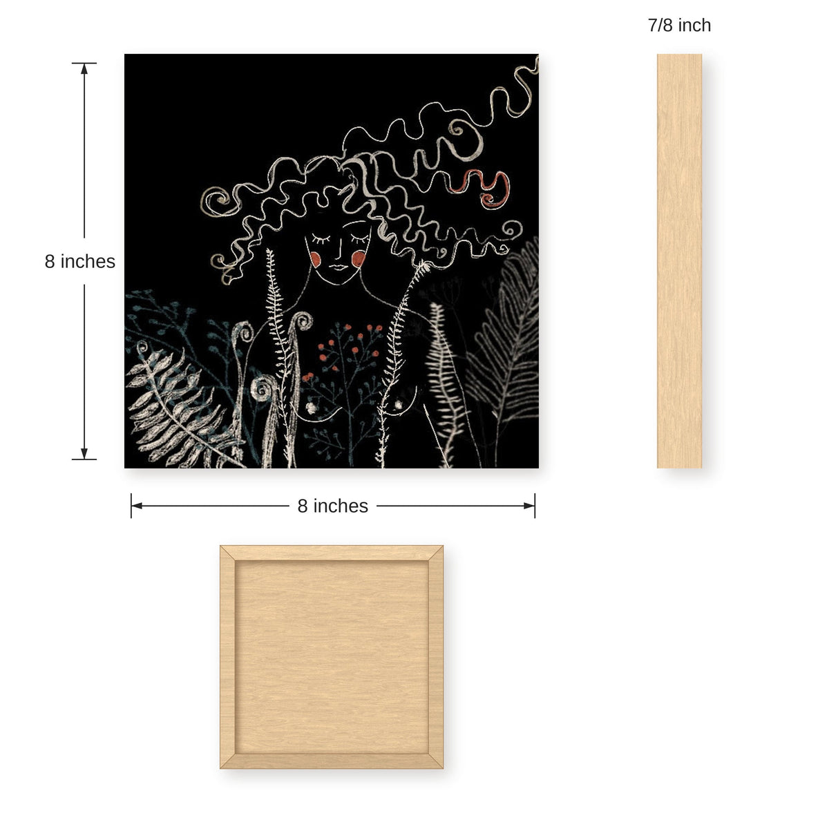 Size guide for the 8×8 inch Wilderness Is Me art print on 7/8-inch deep gesso board
