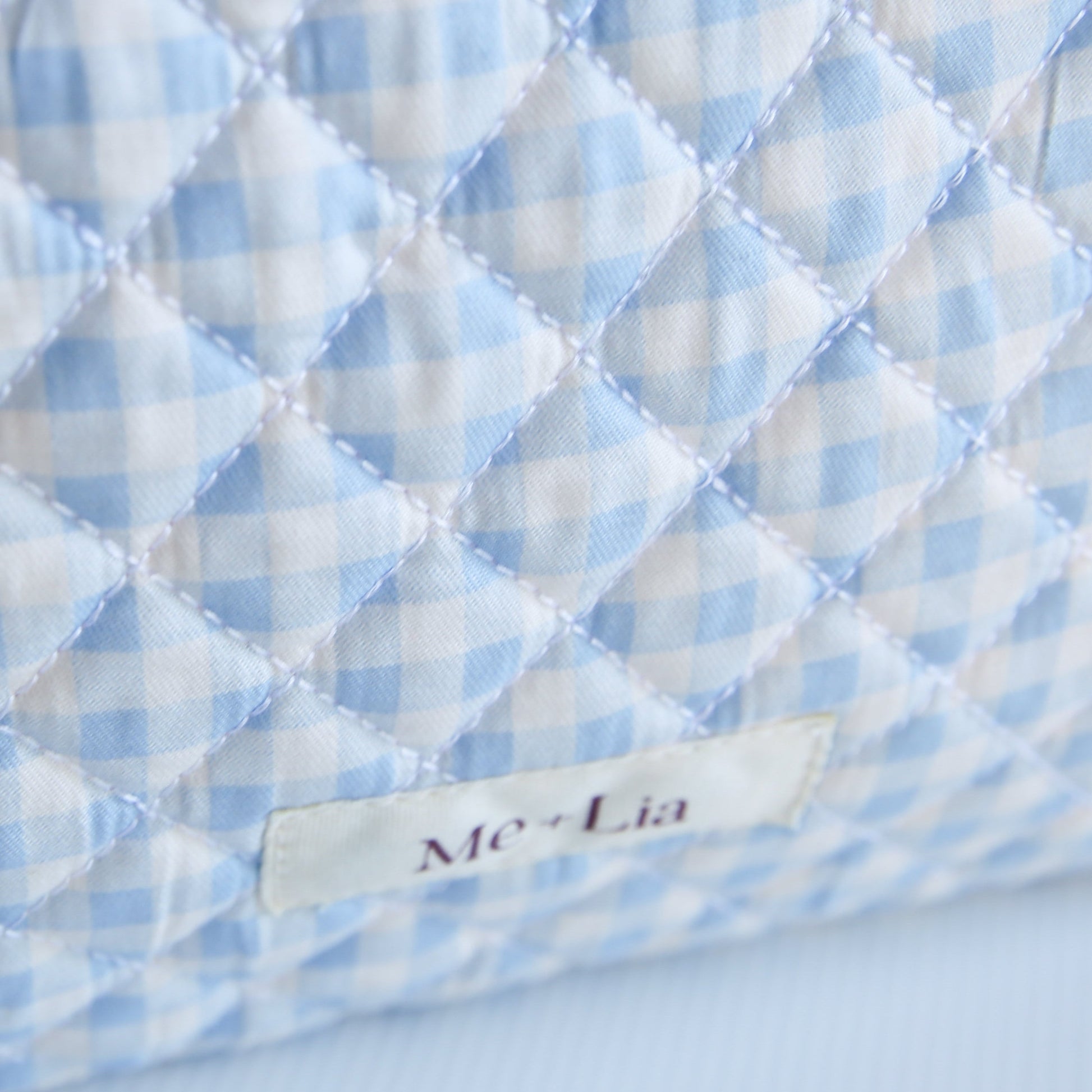 Gingham Blue Make-up Bag Large detail — blue gingham check on premium cotton