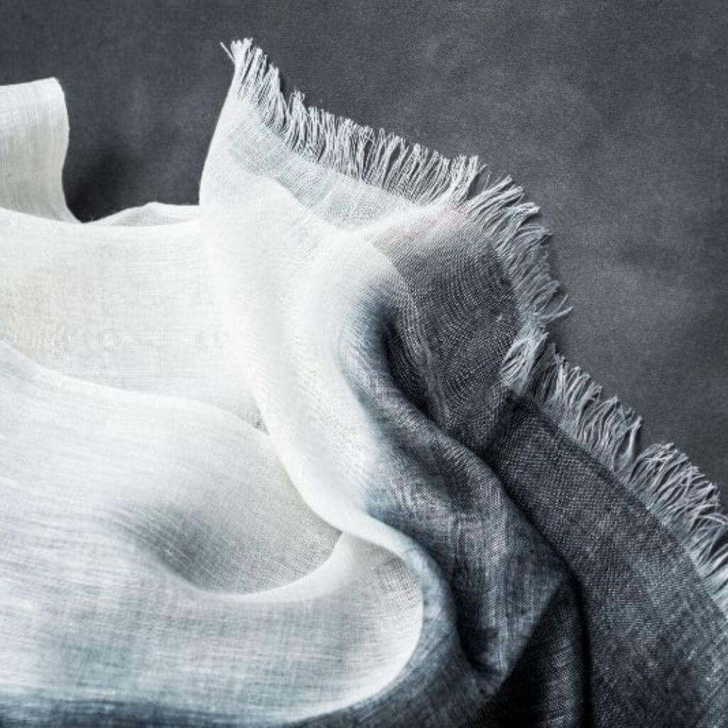 Granite Black White Ombre Linen Silk Handloom Scarf showcasing its elegant ombre design and soft texture.