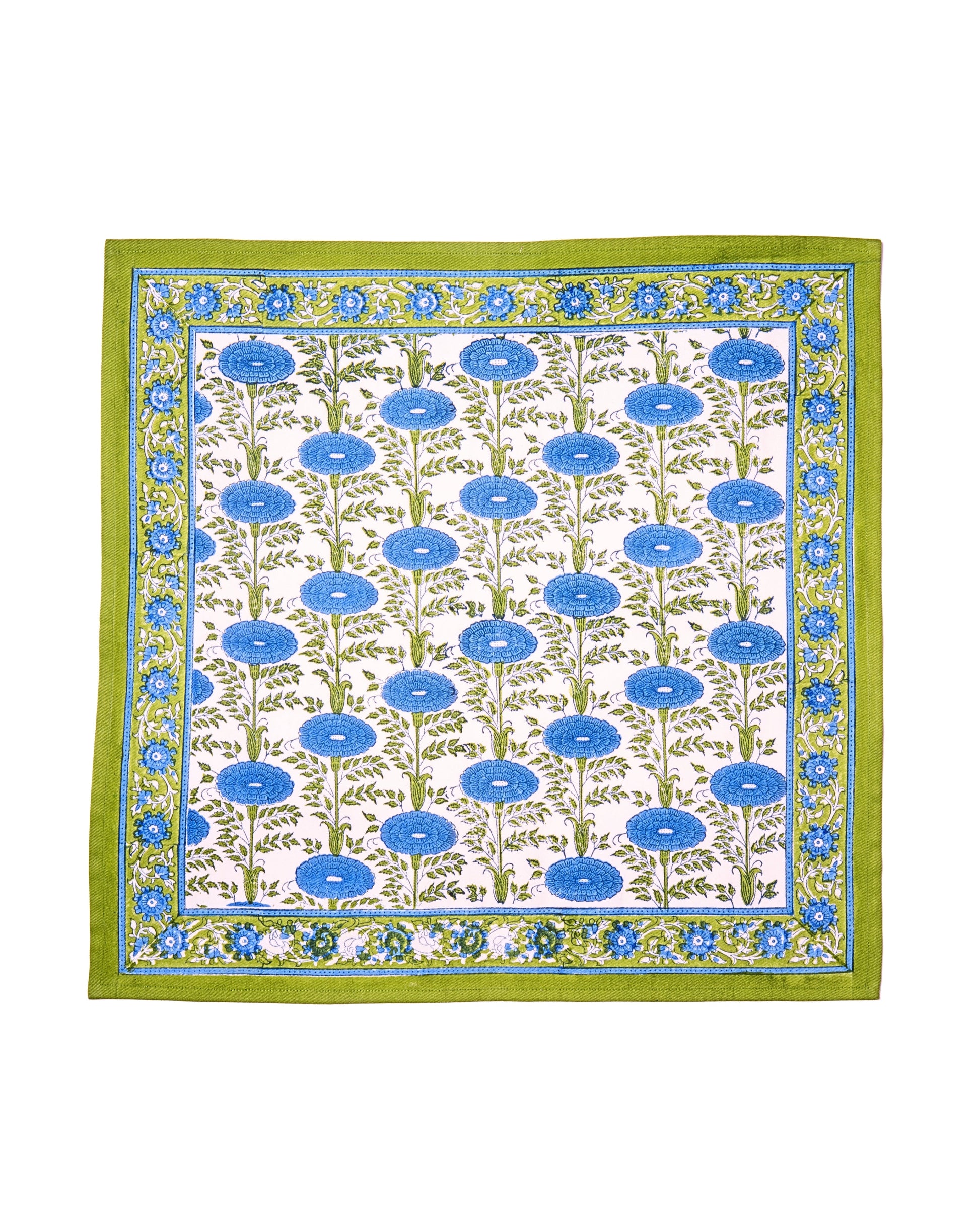 Blue araminta blockprint napkin with green border and floral pattern