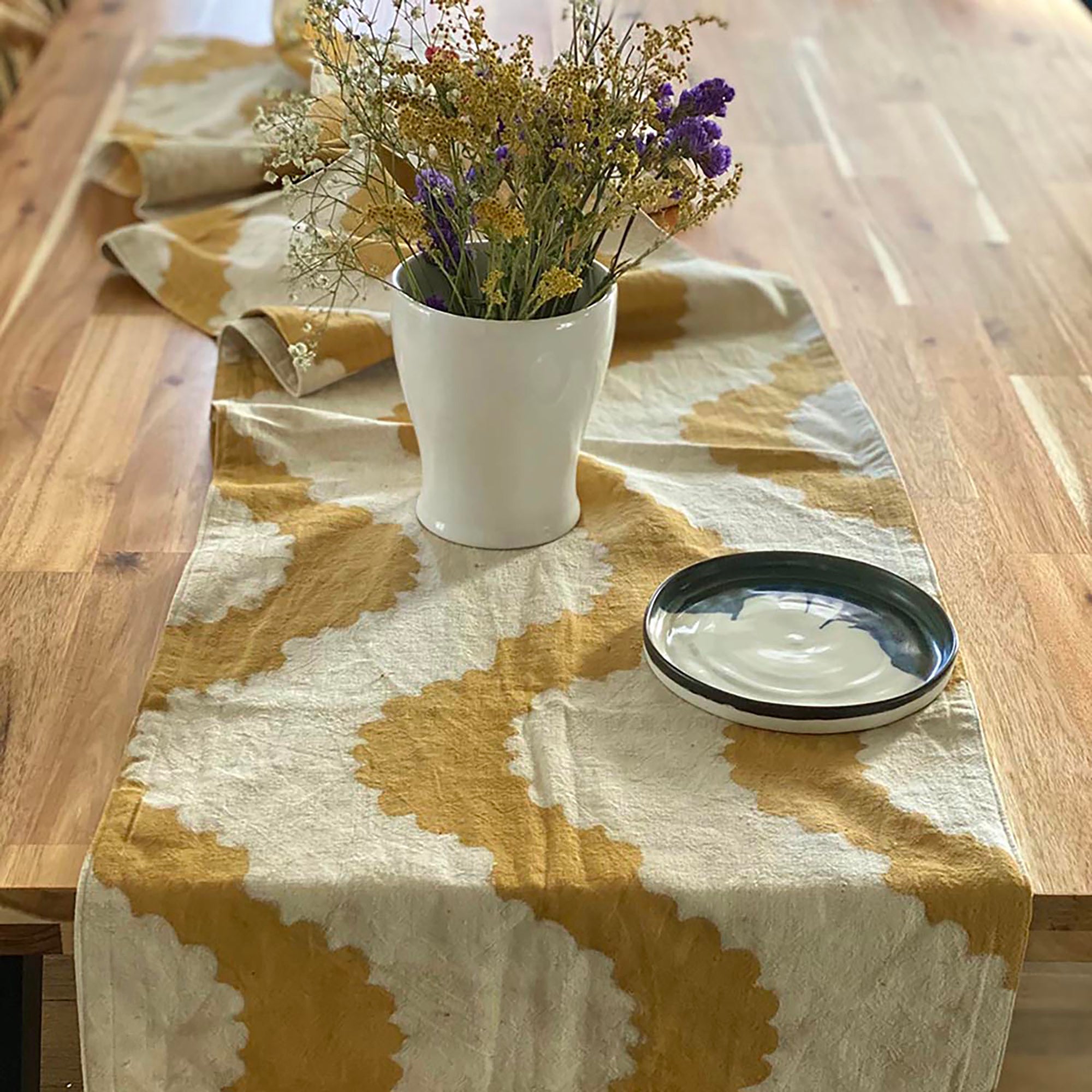 Hand-Printed Table Runner | Organic Cotton Linen - Golden Rays