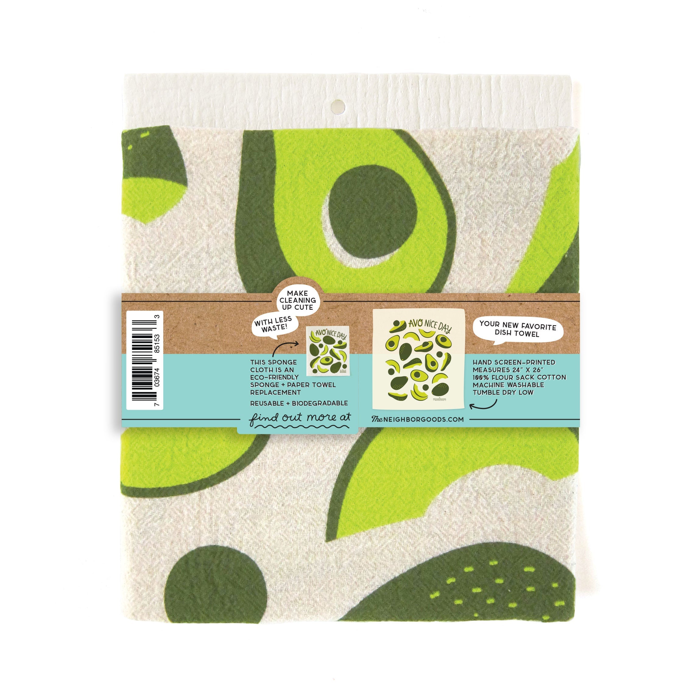 Cotton dish towel with avocado design, featuring the phrase "Avo nice day"