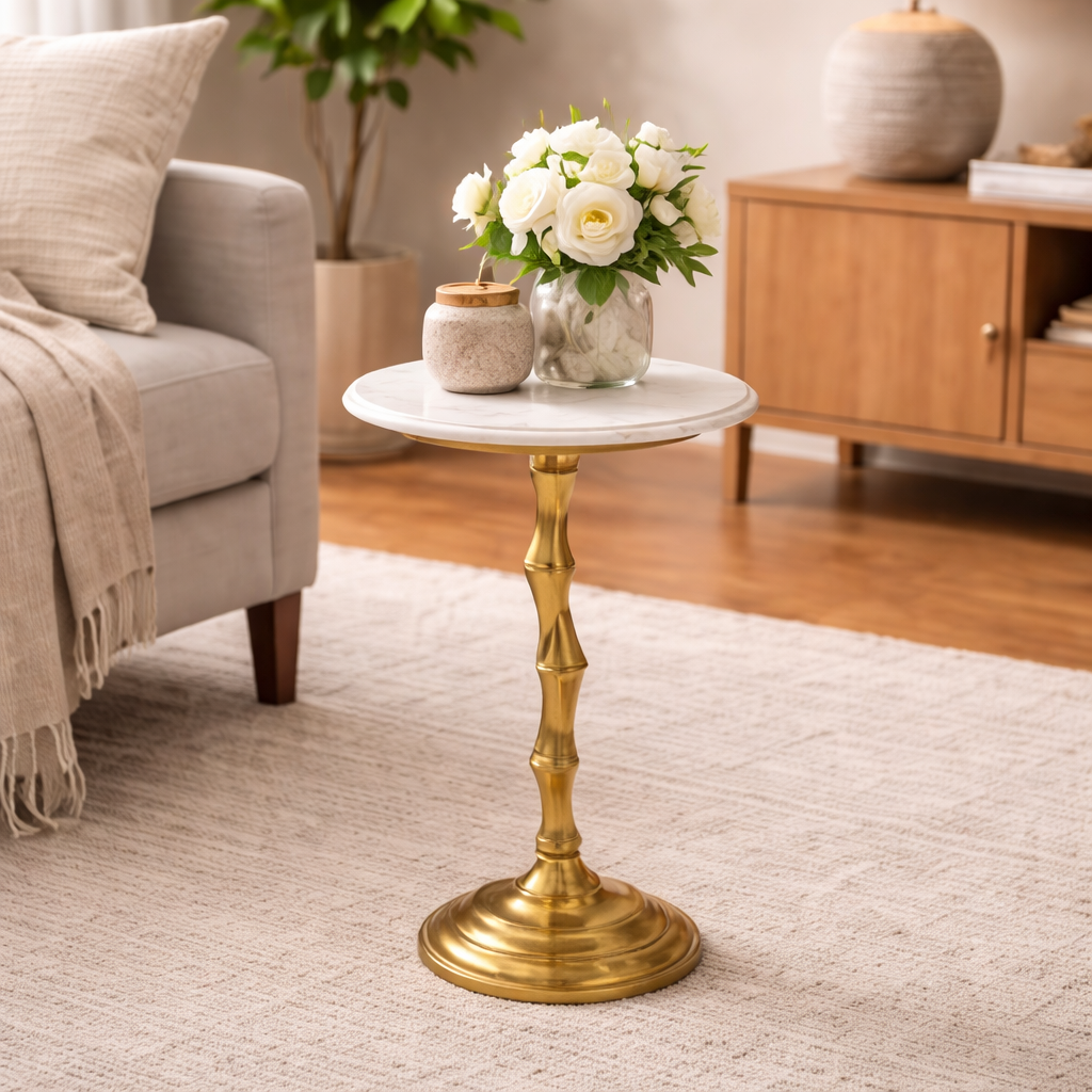 Bamboo Texture Side Table | White Marble Top | Aluminum Base