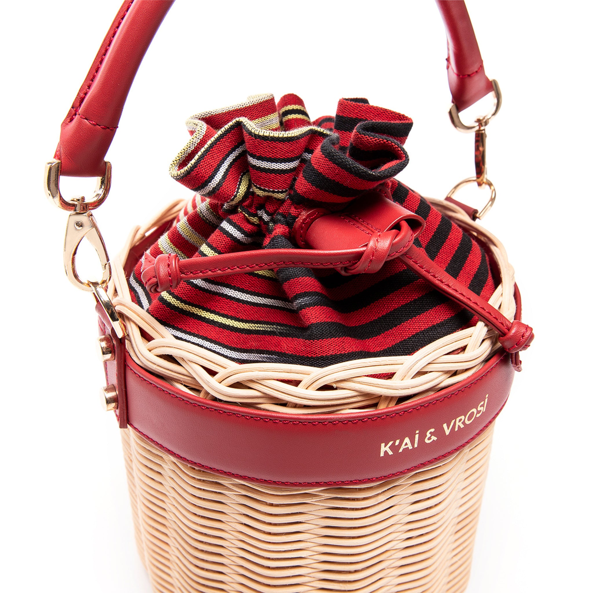 Red Leather & Straw Bucket Bag with Drawstring