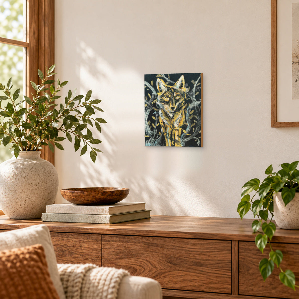 Coyote in the Woods moonlit folk art print, styled on a wall in a room