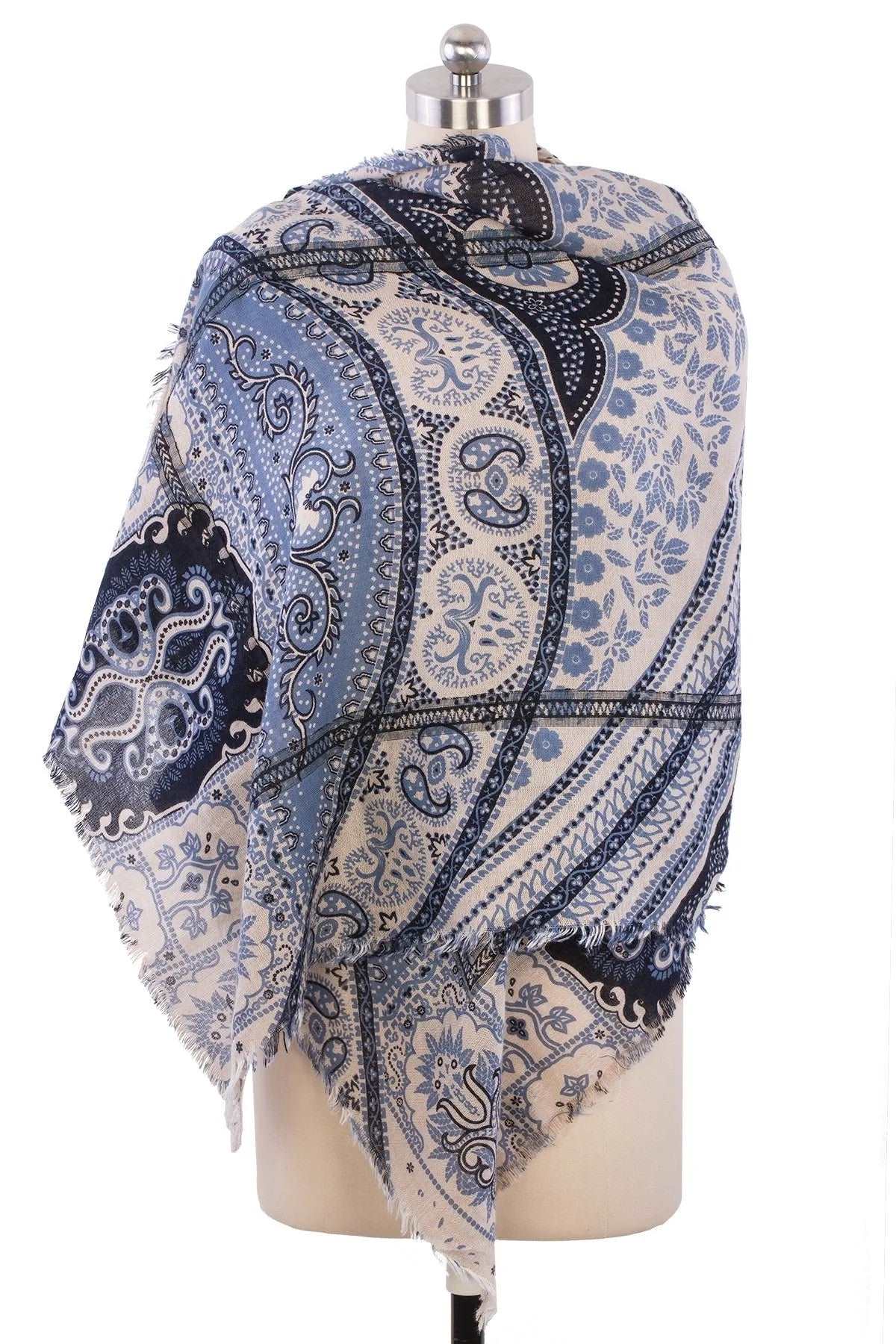 Paisley Patchwork Frayed Scarf - Corn Flower Blue