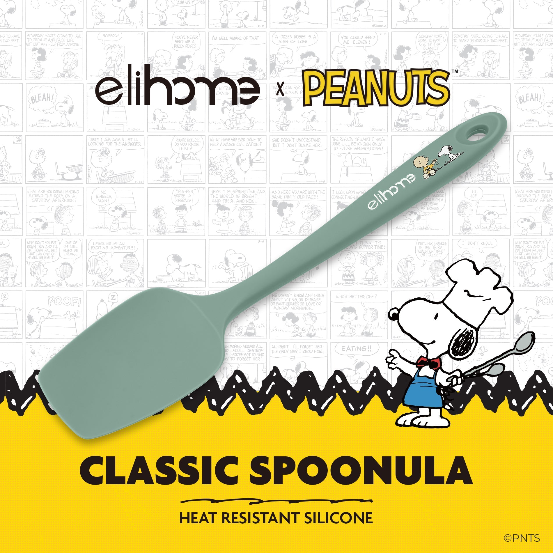 Gray spatula with cartoon character on a white background featuring 'elihome' and 'Peanuts' logos.