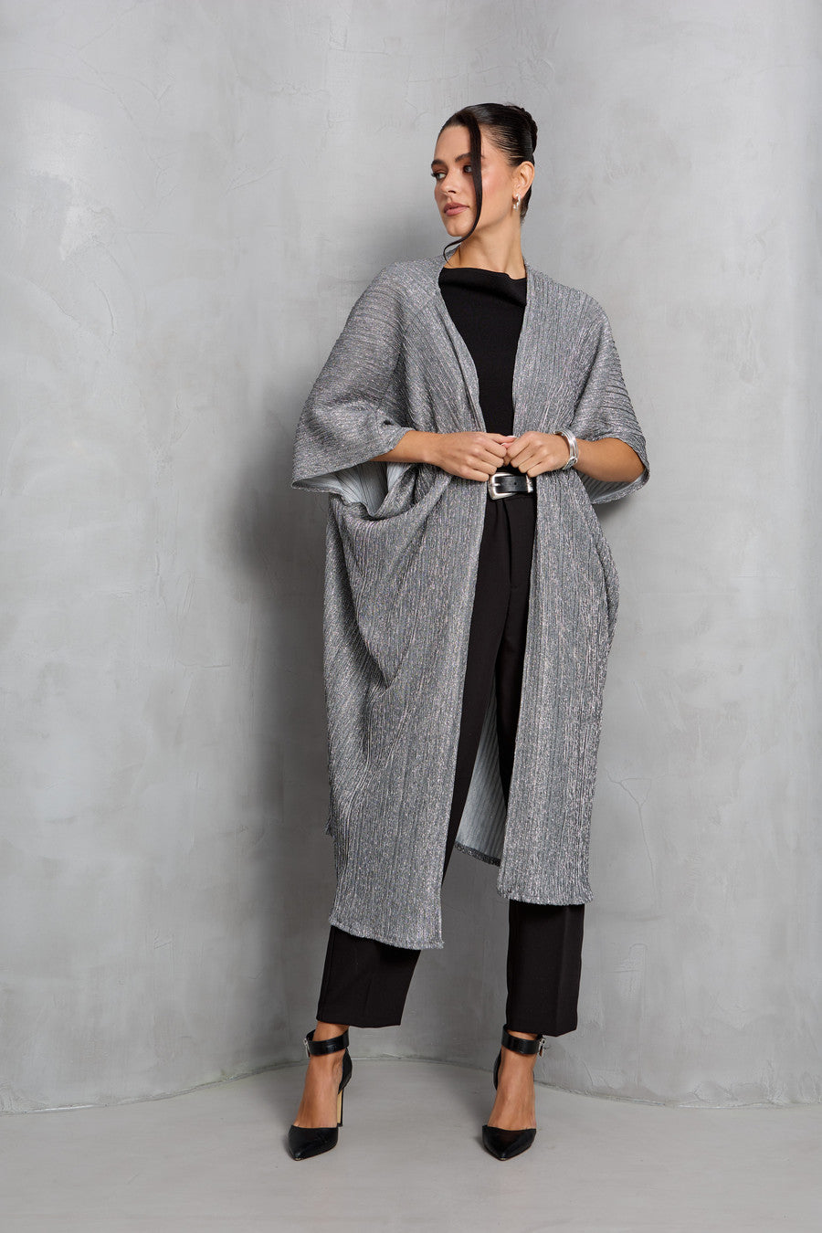 Pleated Metallic Kimono - Gunmetal