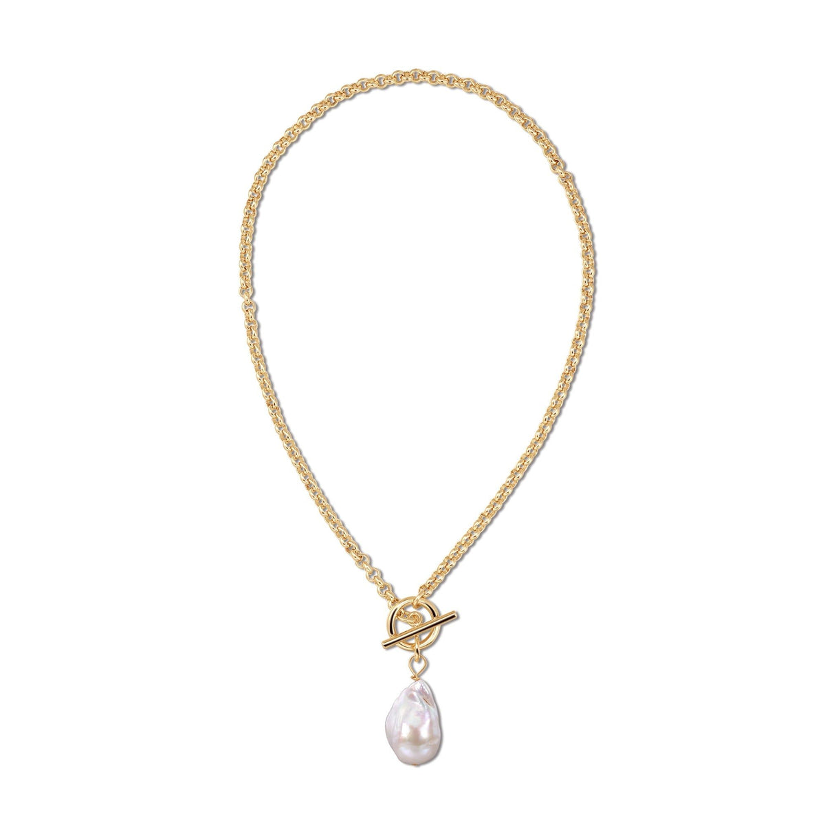 Gold chain necklace with baroque pearl pendant from Micro Royal Toggle & XL Baroque Pearl Necklace