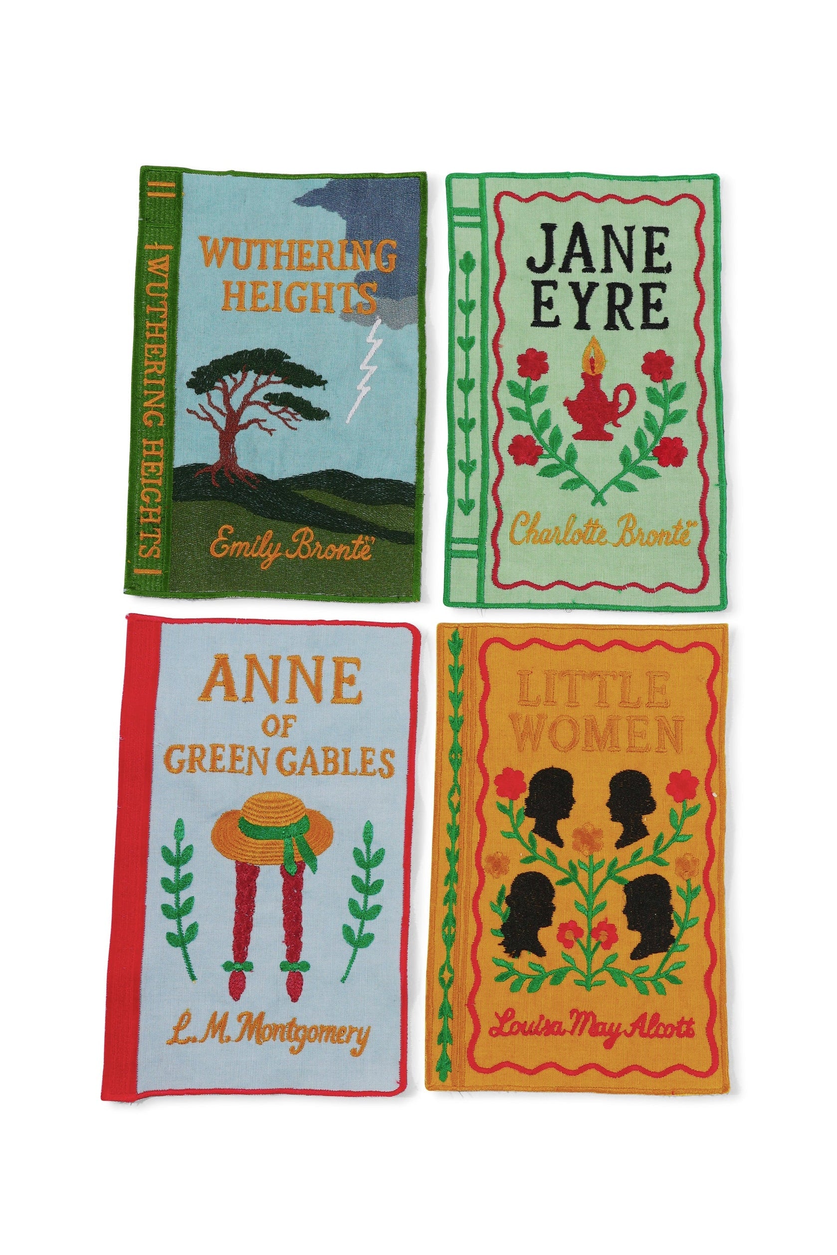 Set of 4 literary heroines' book embroidered cocktail napkins: Wuthering Heights, Jane Eyre, Anne of Green Gables, Little Women