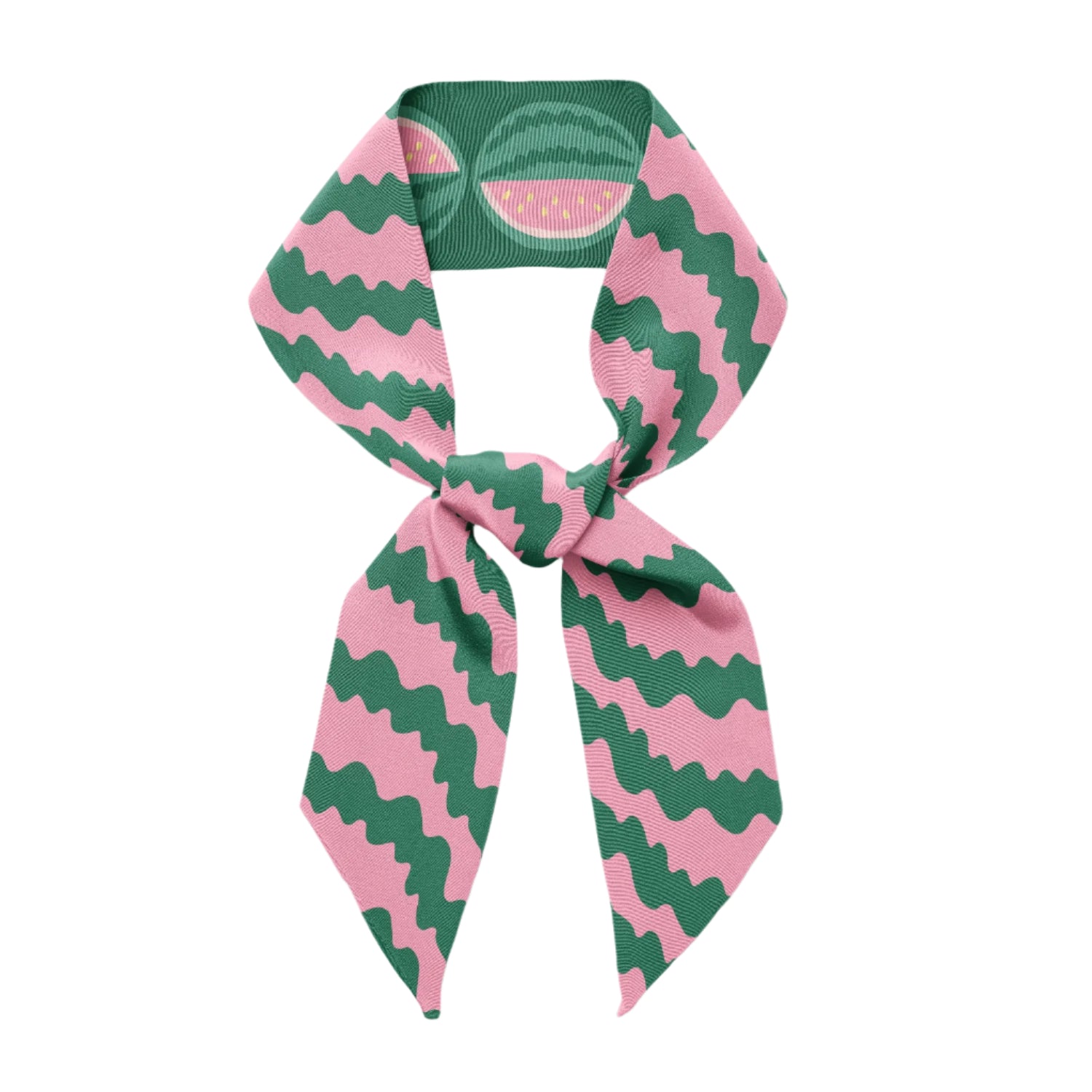 Refresh look with our cool watermelon twilly silk scarf tie and ribbon from Centinelle, double sided, double fun.for tropical relaxed vibes. 