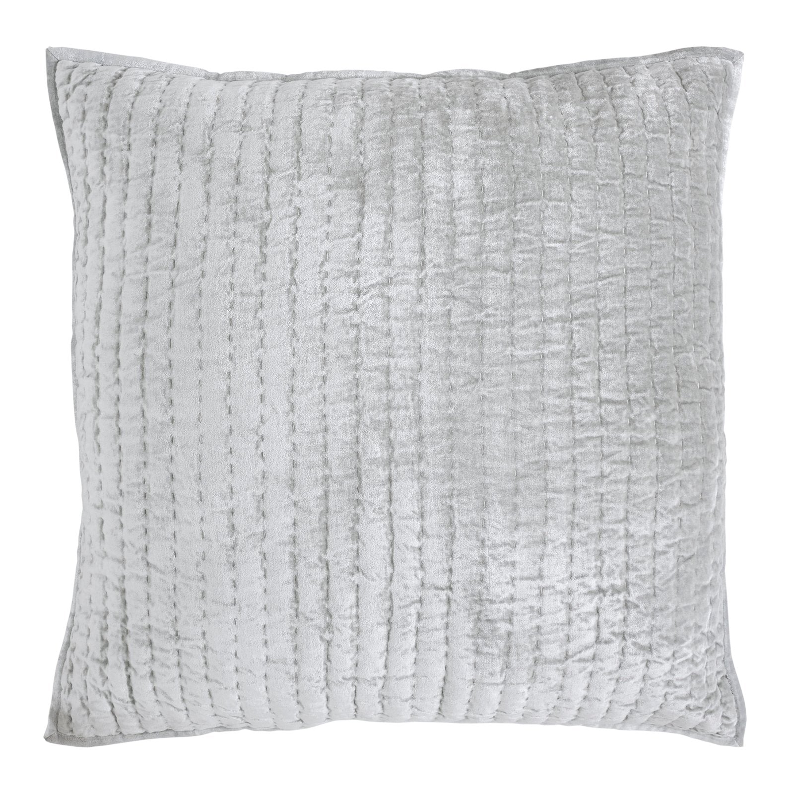 ES-352-2626_1|Luxurious light grey velvet quilted pillow featuring horizontal stitch lines, adding a soft, elegant texture to bedding.