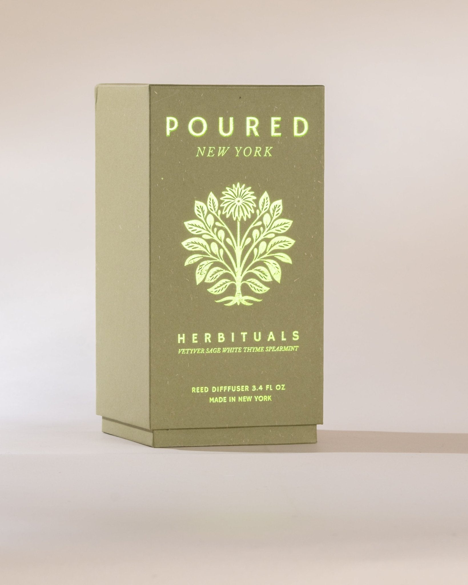 Green box with 'Poured New York' branding and a tree logo on a beige background