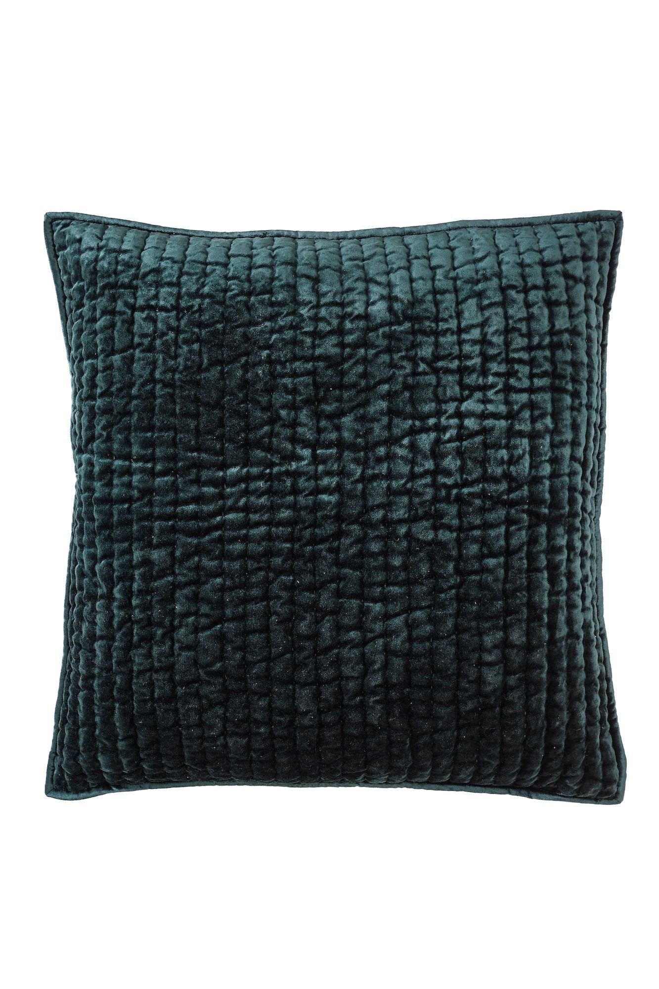ES-363-2626_1|Rich dark teal velvet rectangular quilted cushion, showcasing a vibrant crinkled grid pattern for a touch of luxurious color.