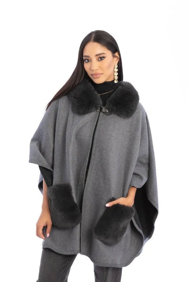 Faux Fur Pocket Kimono - Dark Gray
