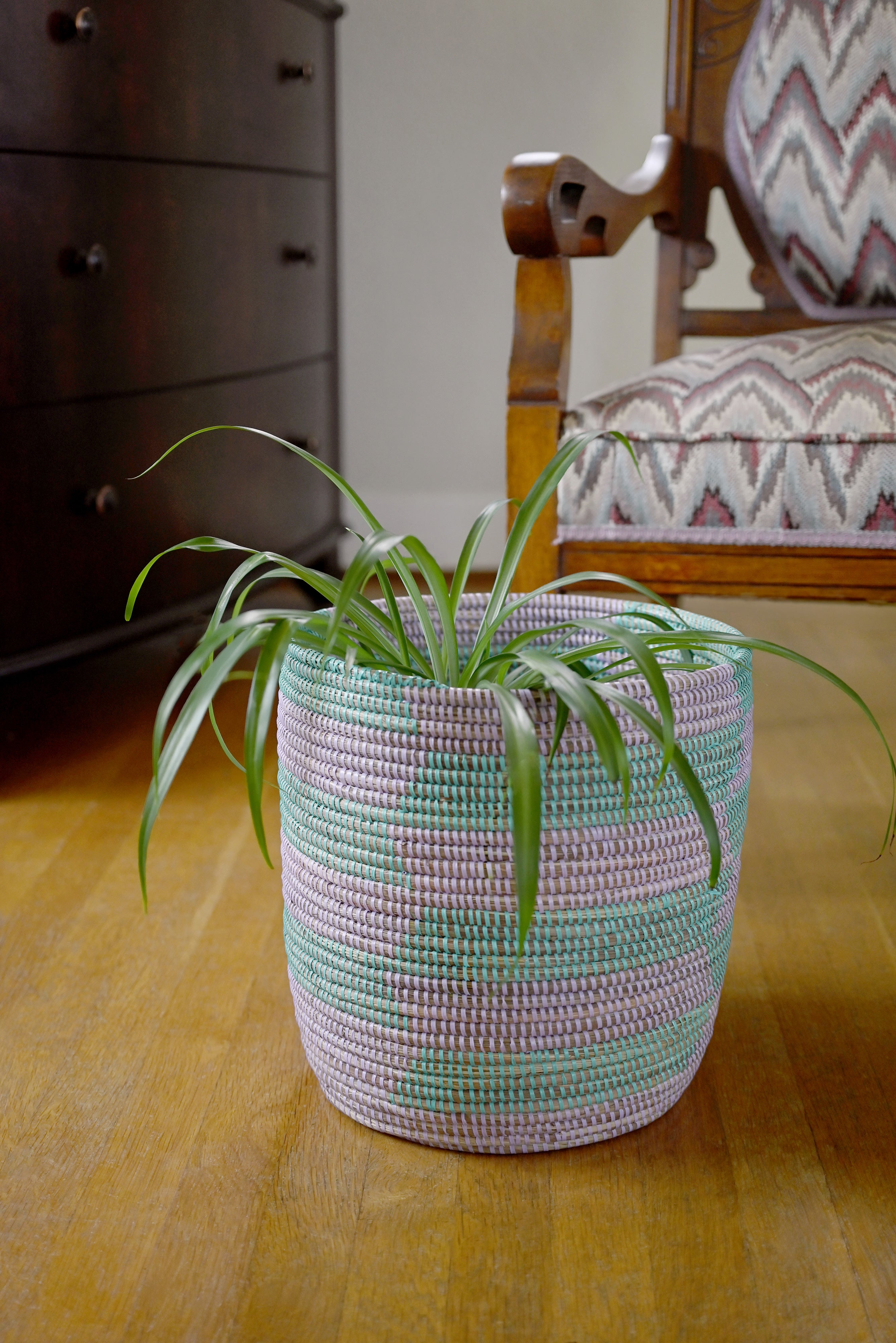 Aqua and Lavender Herringbone Bath Bin Basket