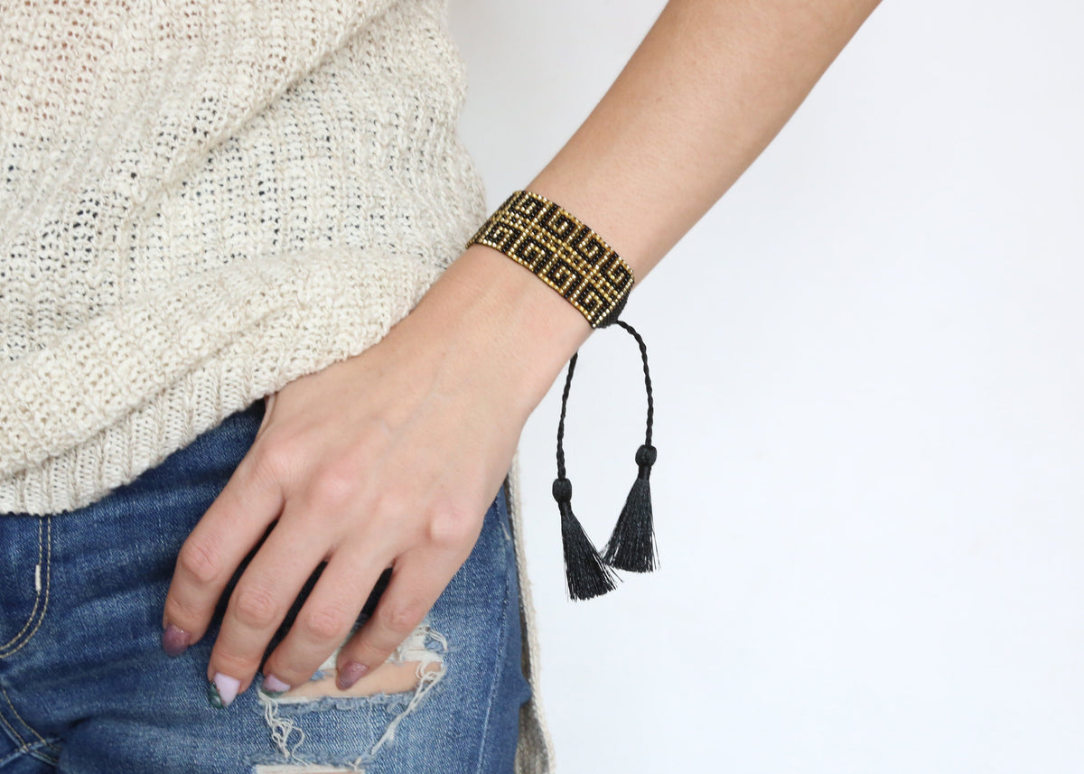 Black Beaded Key Cuff Bracelet