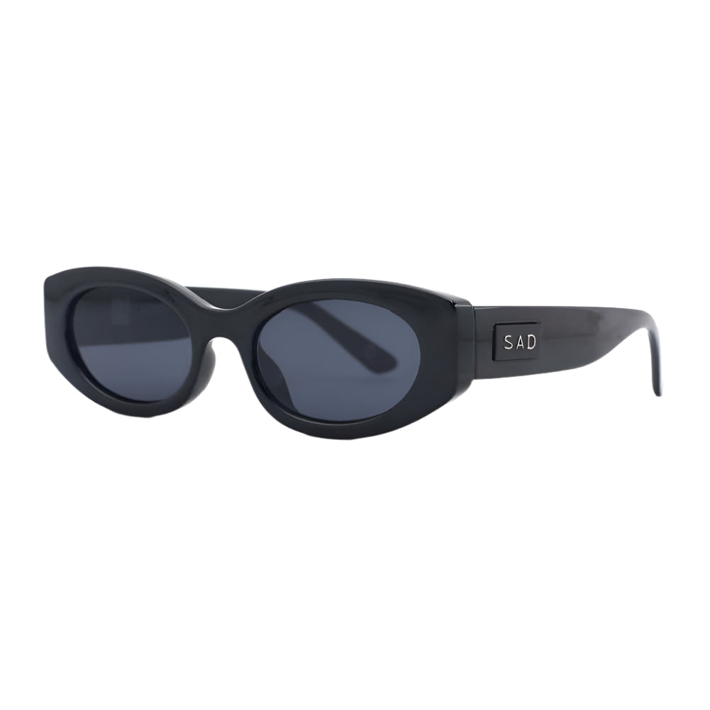 Black sunglasses with a brand logo on a white background