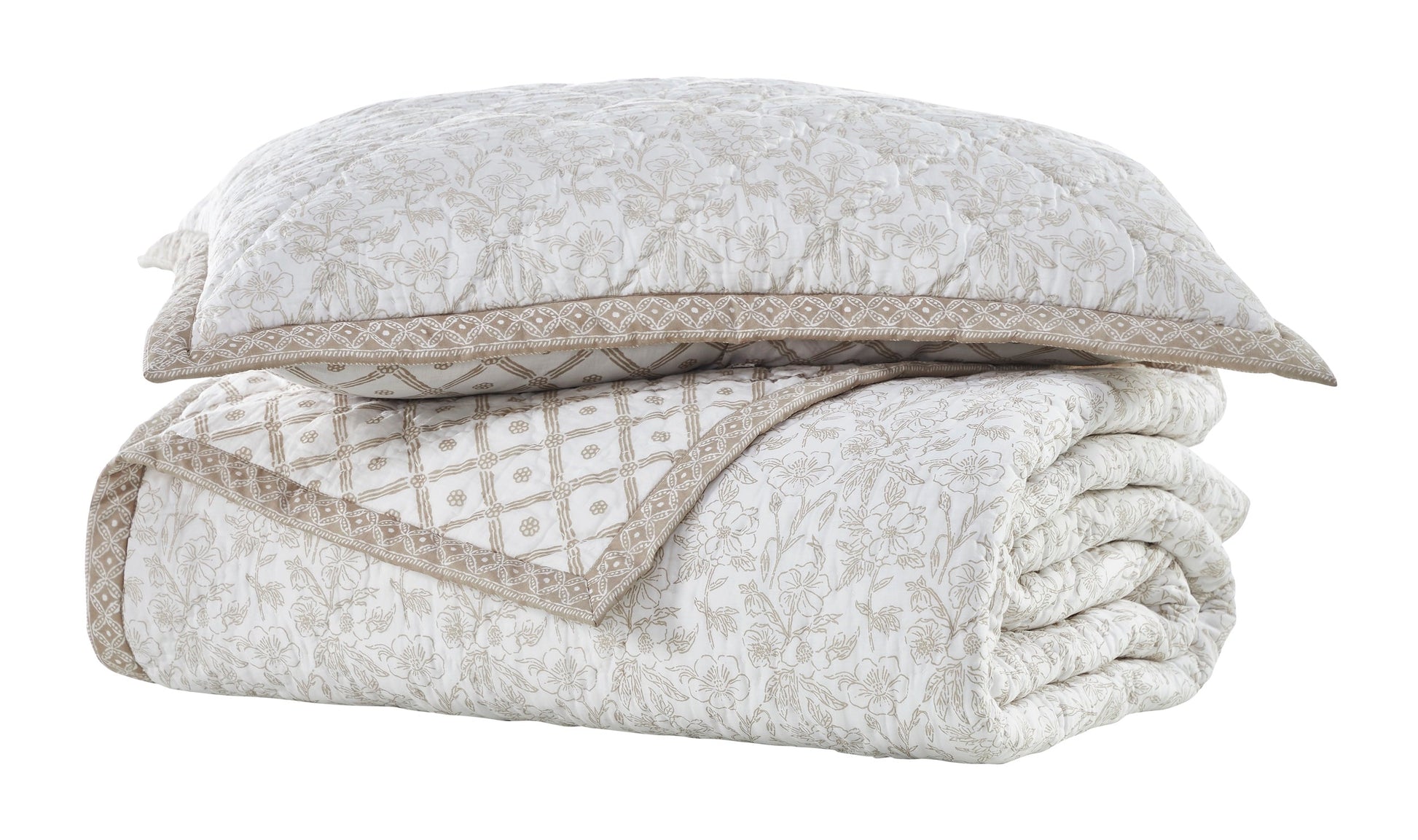ES-346-2626_2|White quilted set, elegant floral design, includes pillow and folded quilt. Perfect for cozy bedroom decor and comfort.