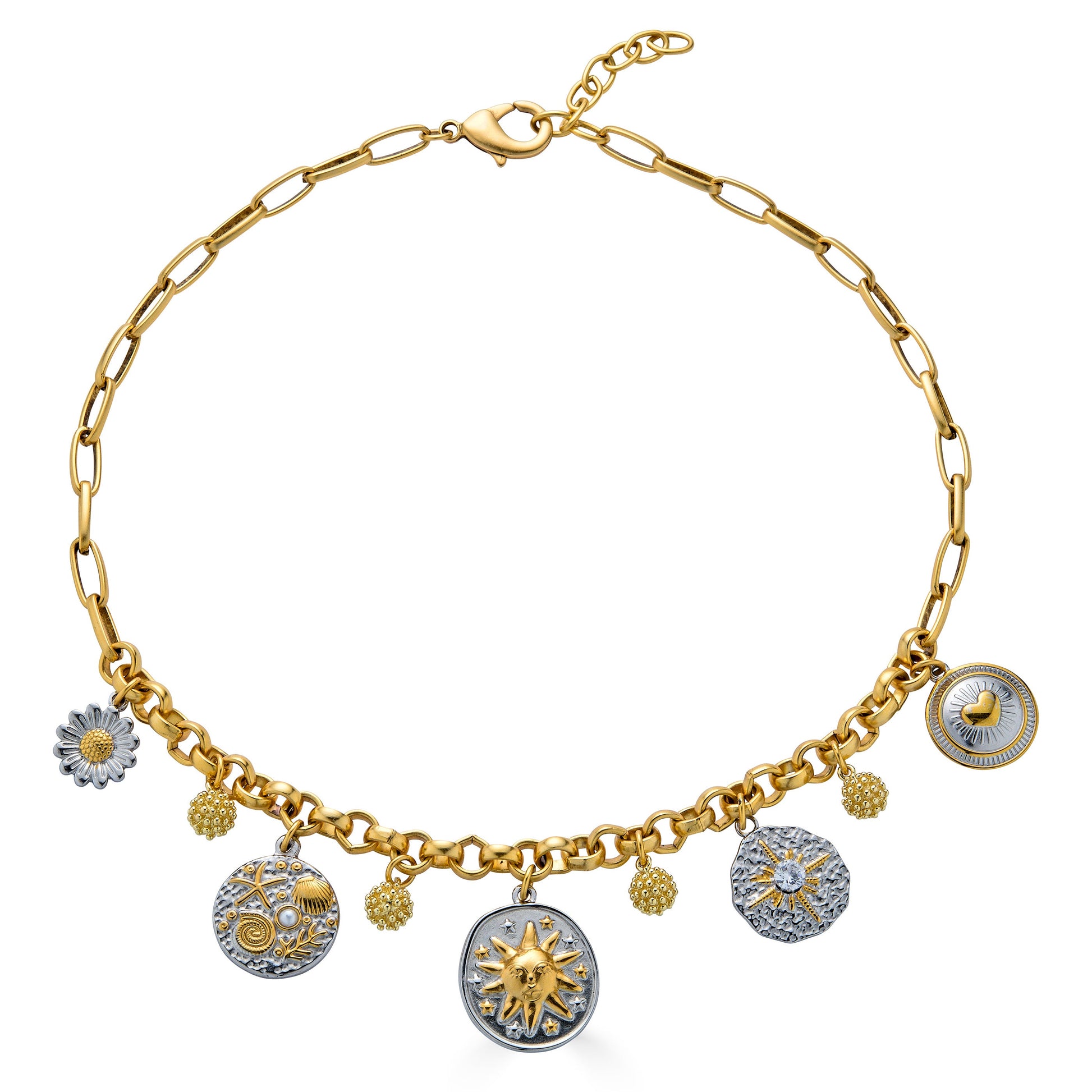 Mixed metal charm necklace with celestial, floral, heart, and ocean inspired charms hanging from a gold chain necklace.