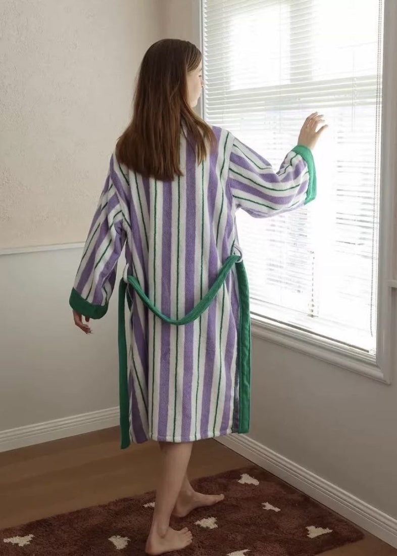 Ultra Soft Whimsical Retro Stripe Bathrobe - 100% Organic Long - stapled Cotton - Whimsical Retro Stripe Bathrobe - INSPECIAL HOME