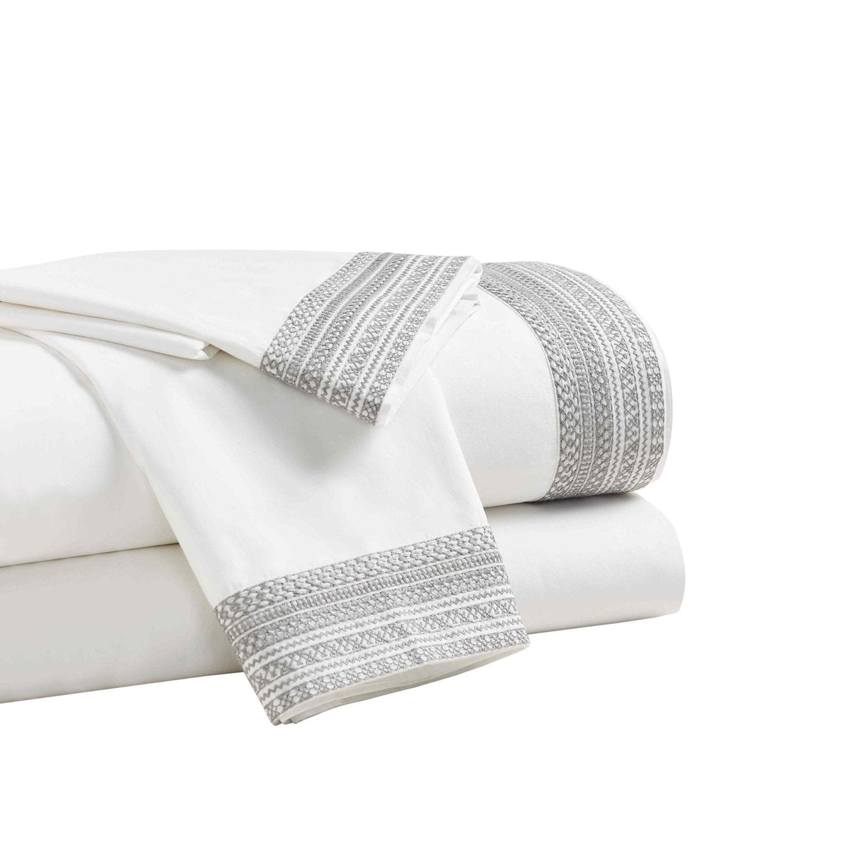CSS-502-7284_3|Luxurious white 100% cotton sheets with a sophisticated woven grey trim, providing soft and breathable comfort.