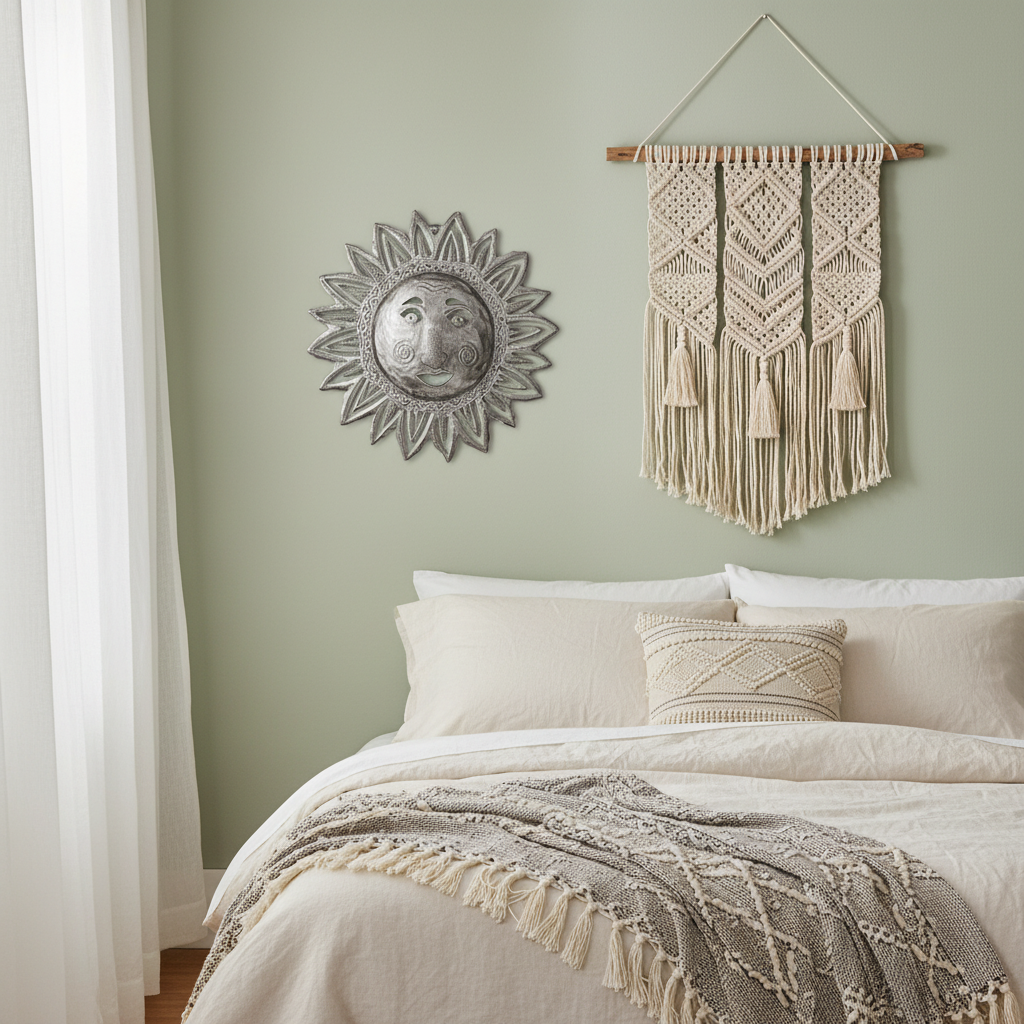SM650 Sunshiny handcrafted metal sun wall art on sage green wall in eclectic bedroom