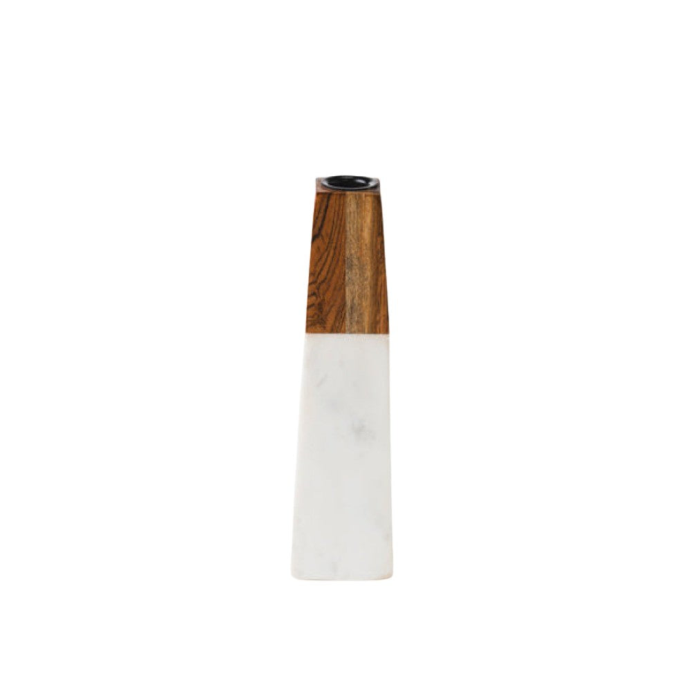 tapered white marble and acacia candleholder
