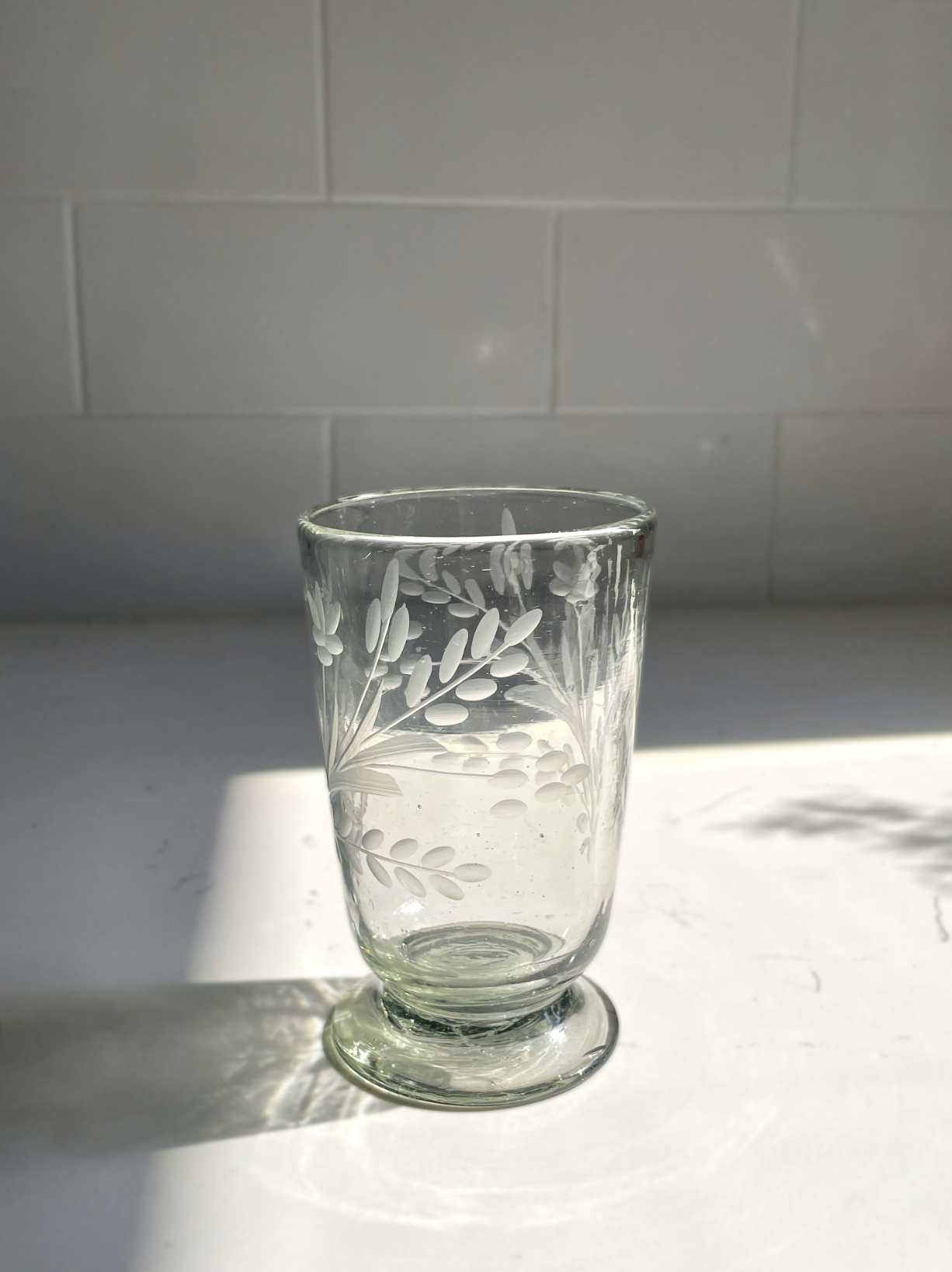 Artisan hand-etched blown footed glass for water, wine, and tea