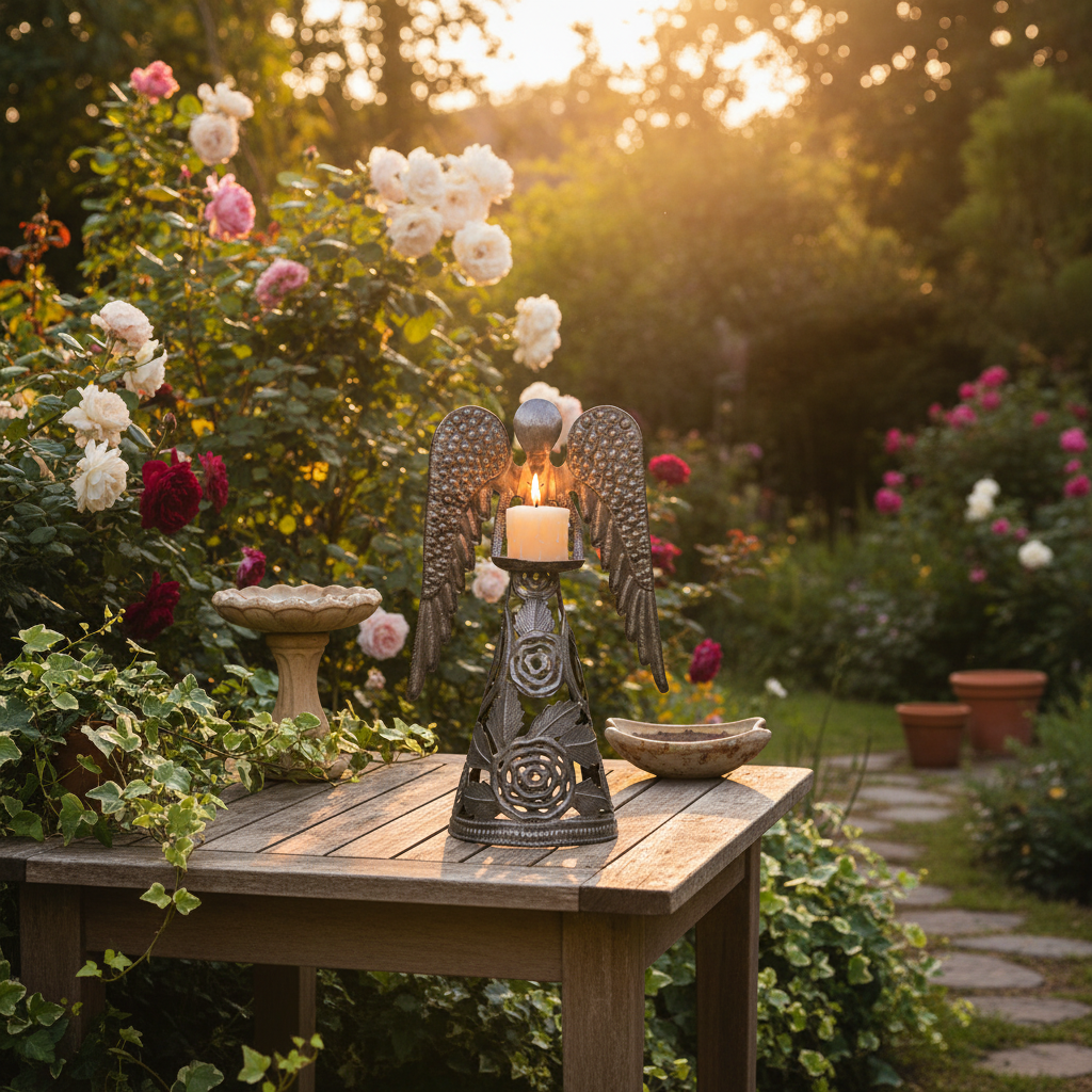 Standing Rose Angel Candle Holder on a garden patio at golden hour surrounded by roses - SM964