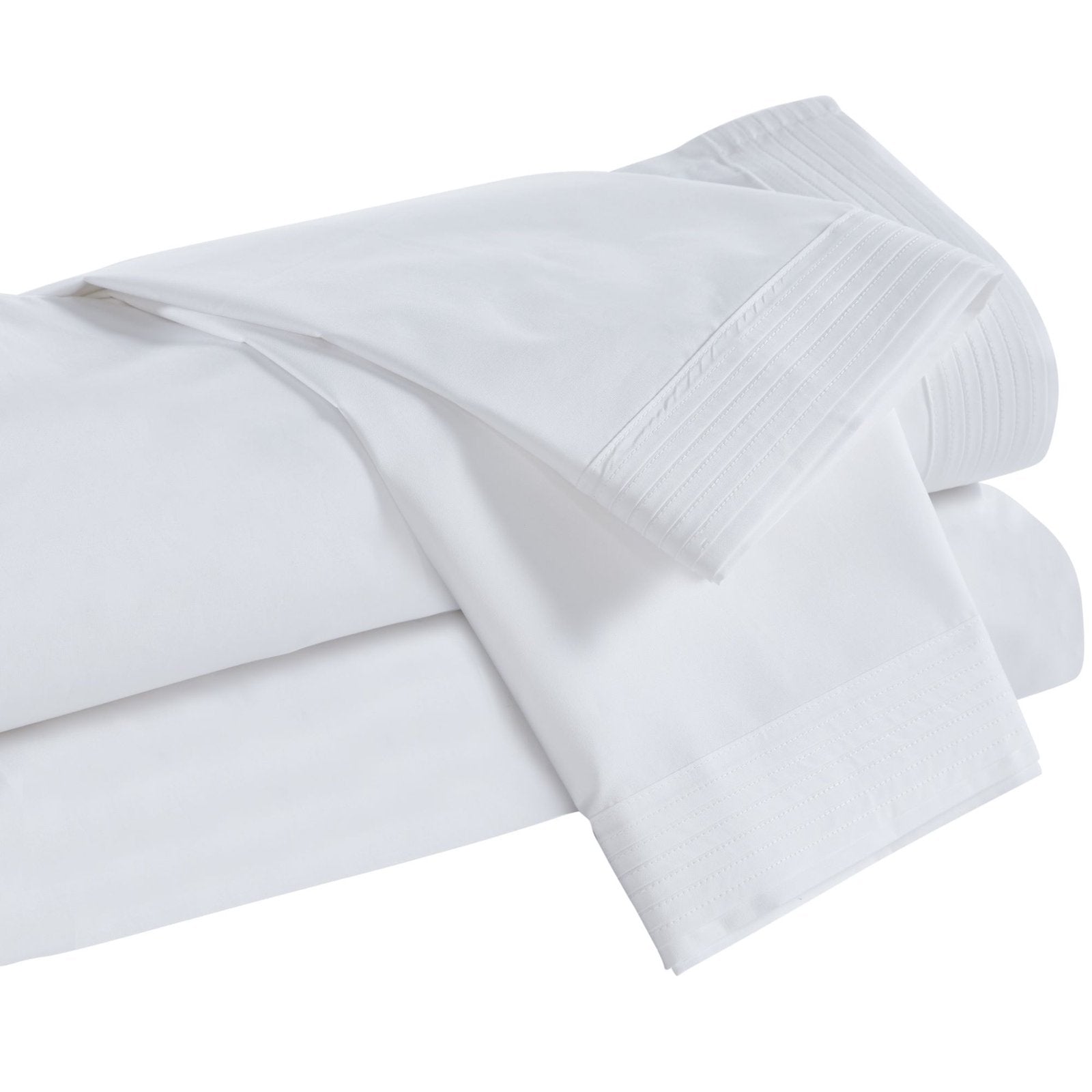 CSS-521-7284_4|Stack of neatly folded white 100% cotton sheets, showcasing elegant pintuck pleat details for refined bedding.