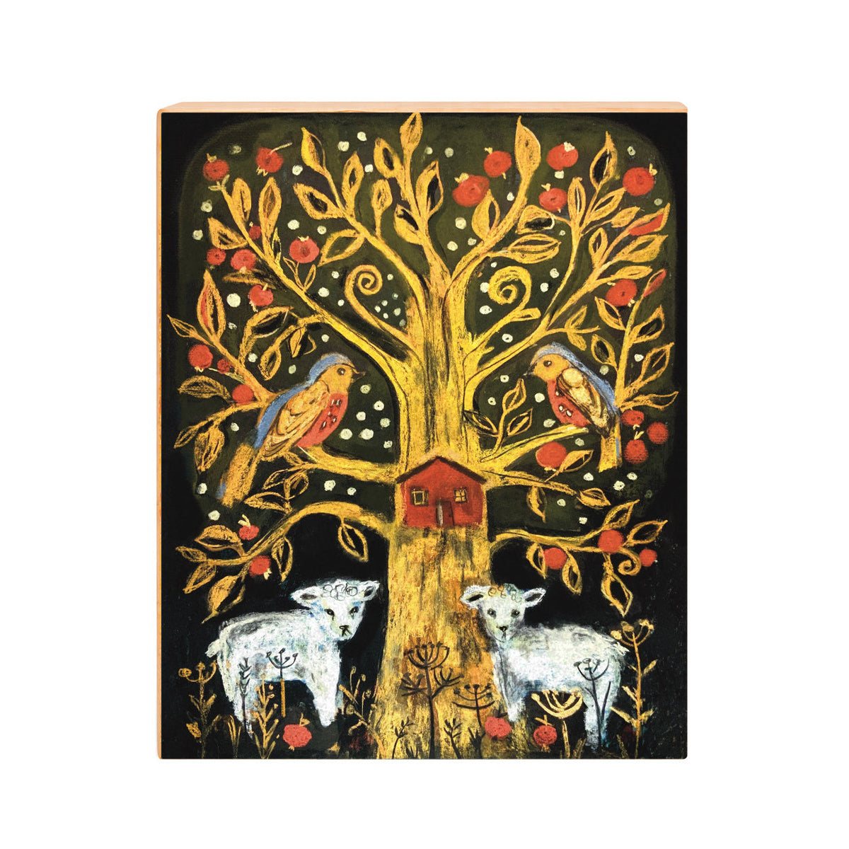 Vermont Tree of Life apple tree and lambs art print, front view on gesso board