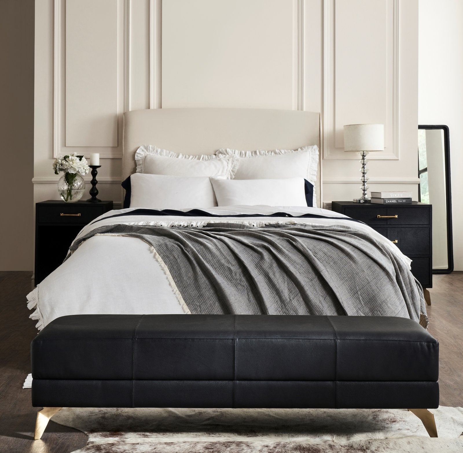 FN-5200-601618_1|Stylish black leather upholstered bench with modern design and gold legs, perfect for bedroom seating and accent furniture.