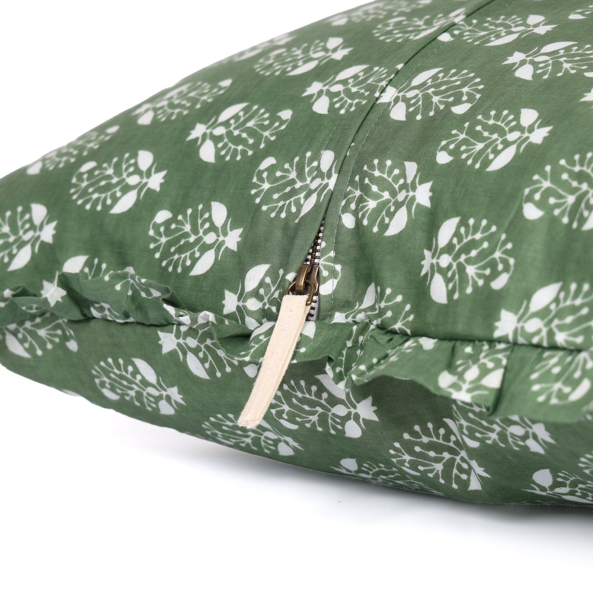 Hidden zipper with fabric pull on green pillow cover